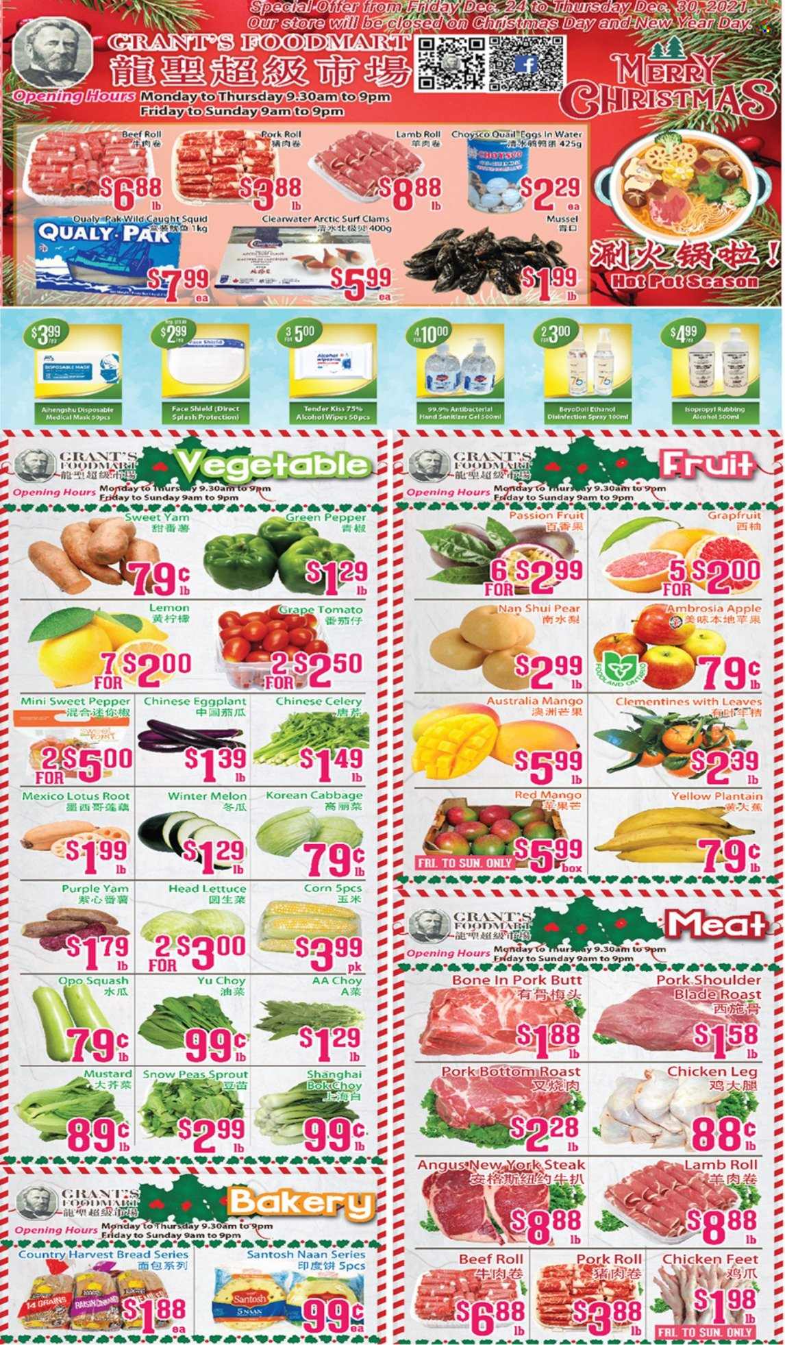 thumbnail - Grant's Foodmart Flyer - December 24, 2021 - December 30, 2021 - Sales products - bread, cabbage, celery, corn, peas, lettuce, eggplant, green pepper, clementines, mango, pears, melons, clams, mussels, squid, eggs, snow peas, Country Harvest, mustard, Grant's, quail, chicken legs, chicken paws, chicken, pork meat, pork shoulder, wipes, Surf, Lotus, hand sanitizer, steak. Page 1.