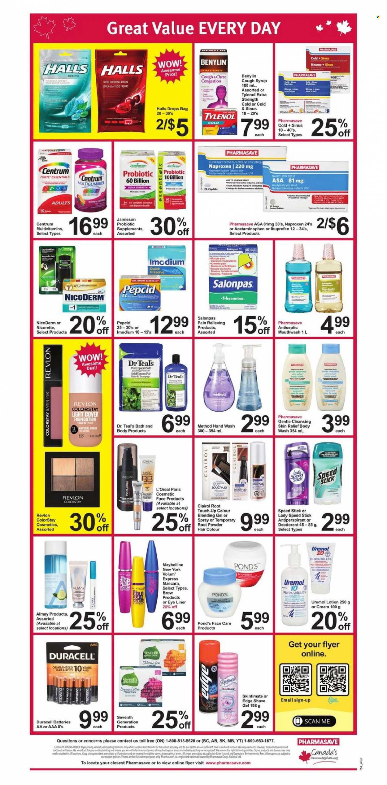 thumbnail - Pharmasave Flyer - December 24, 2021 - January 06, 2022 - Sales products - Halls, salt, syrup, L'Or, Jameson, body wash, hand wash, POND'S, mouthwash, Almay, L’Oréal, Root Touch-Up, Clairol, Revlon, body lotion, anti-perspirant, Speed Stick, shave gel, bag, mascara, eyeliner, battery, Duracell, multivitamin, NicoDerm, Nicorette, Tylenol, Ibuprofen, Pepcid, Centrum, Benylin, Maybelline, Imodium, deodorant. Page 2.