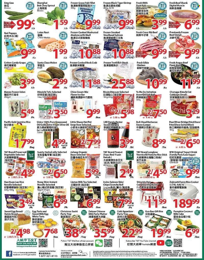 thumbnail - T&T Supermarket Flyer - December 24, 2021 - December 30, 2021 - Sales products - bread, cake, bok choy, cabbage, pumpkin, papaya, melons, fish fillets, salmon, oysters, crab, shrimps, abalone, soup, sauce, noodles, Nissin, tofu, yoghurt, eggs, jelly, cotton candy, Santa, sugar, coconut milk, jasmine rice, BBQ sauce, oyster sauce, extra virgin olive oil, olive oil, oil, tea, beef meat, beef shank, oxtail, Lotus, pot, pan, rice cooker, pin, gift box, steak, Lipton. Page 2.