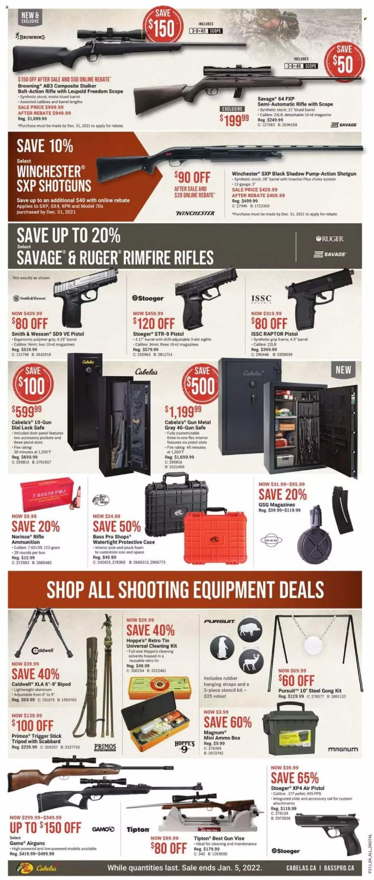 thumbnail - Bass Pro Shops Flyer - December 26, 2021 - January 05, 2022 - Sales products - tripod, bipod, Bass Pro, Browning, Leupold, Ruger, semi-automatic rifle, savage, Stoeger, Caldwell, gun vise, scope, ammo can, ammo, Smith & Wesson. Page 5.