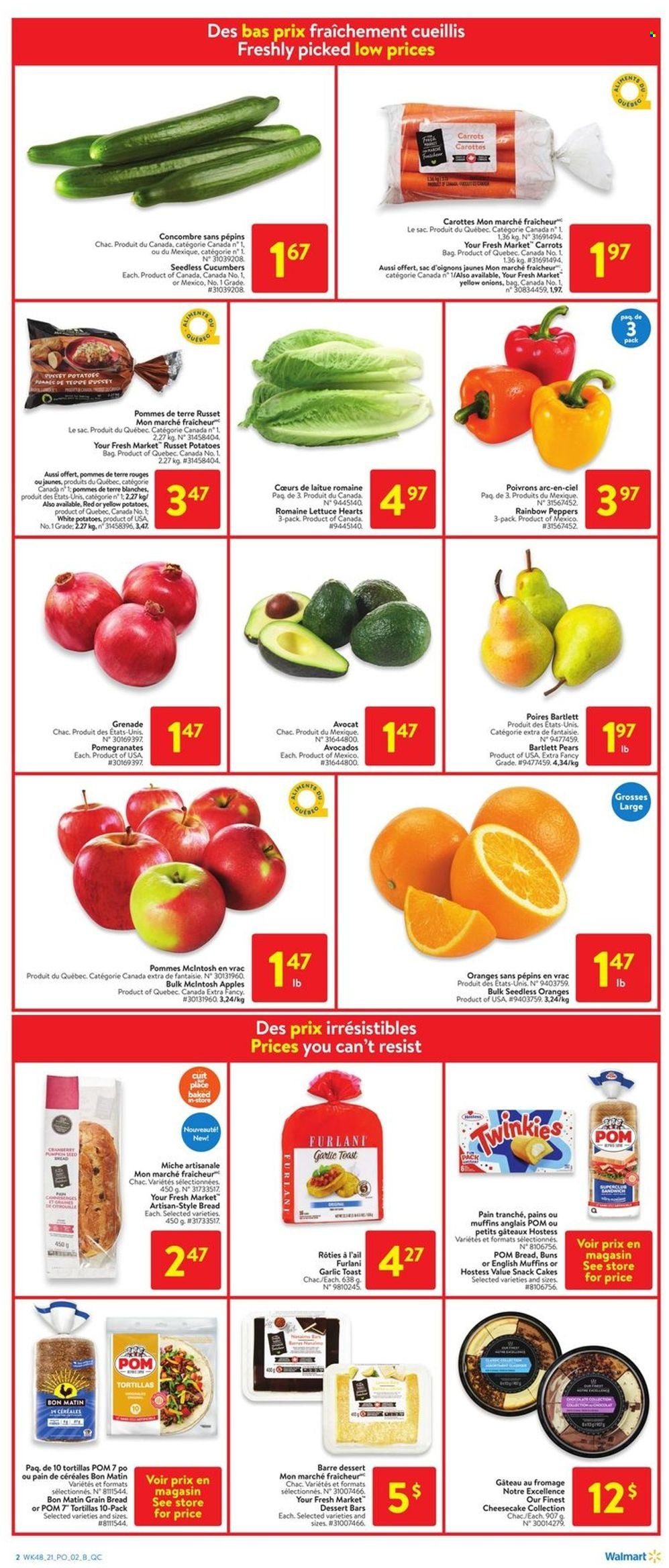 thumbnail - Walmart Flyer - December 26, 2021 - December 29, 2021 - Sales products - english muffins, tortillas, cake, buns, cheesecake, carrots, cucumber, russet potatoes, potatoes, lettuce, peppers, avocado, Bartlett pears, pears, pomegranate, snack, oranges. Page 3.