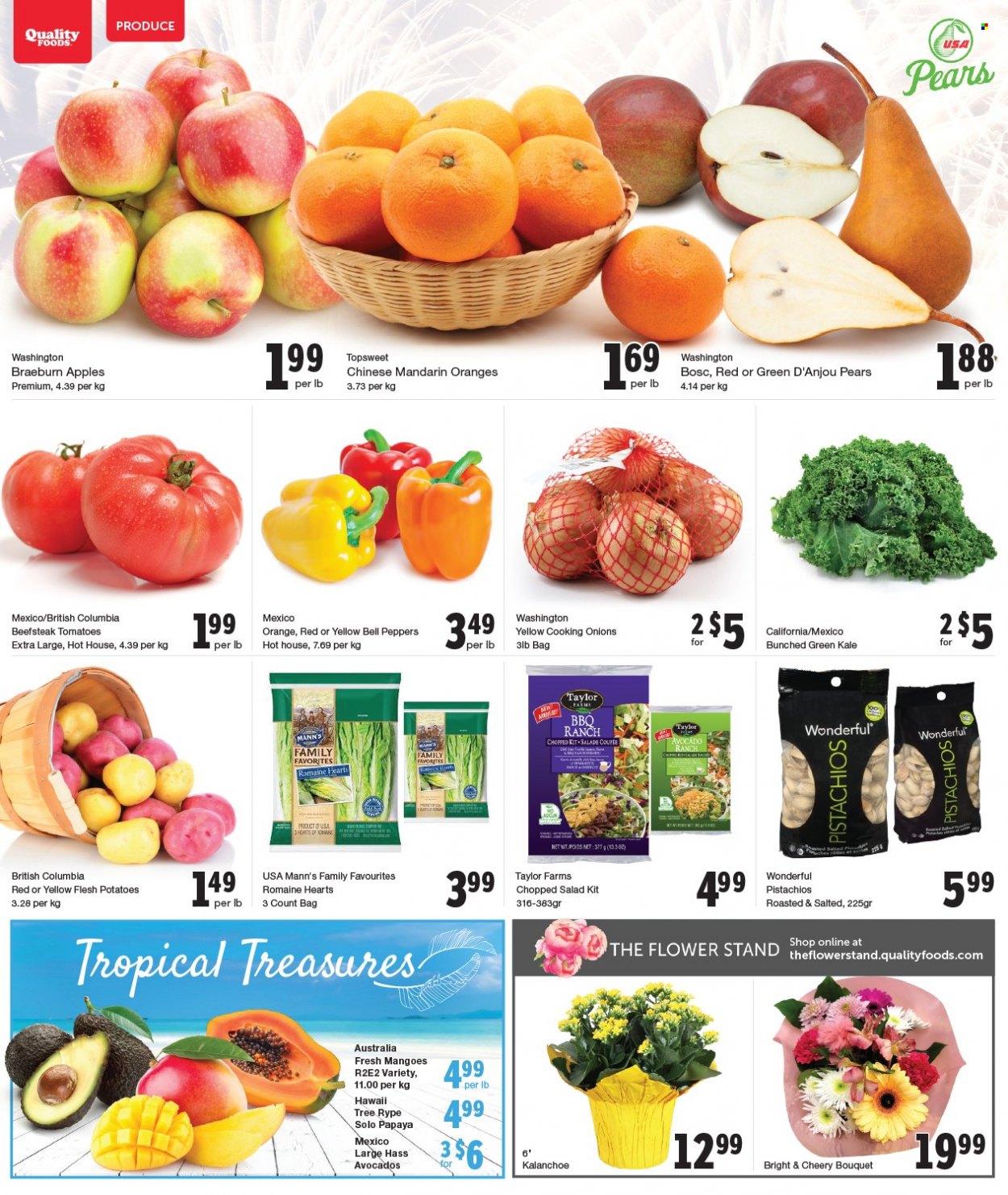 thumbnail - Quality Foods Flyer - December 27, 2021 - January 02, 2022 - Sales products - bell peppers, tomatoes, kale, potatoes, onion, salad, peppers, chopped salad, apples, avocado, mandarines, mango, papaya, pears, pistachios. Page 2.