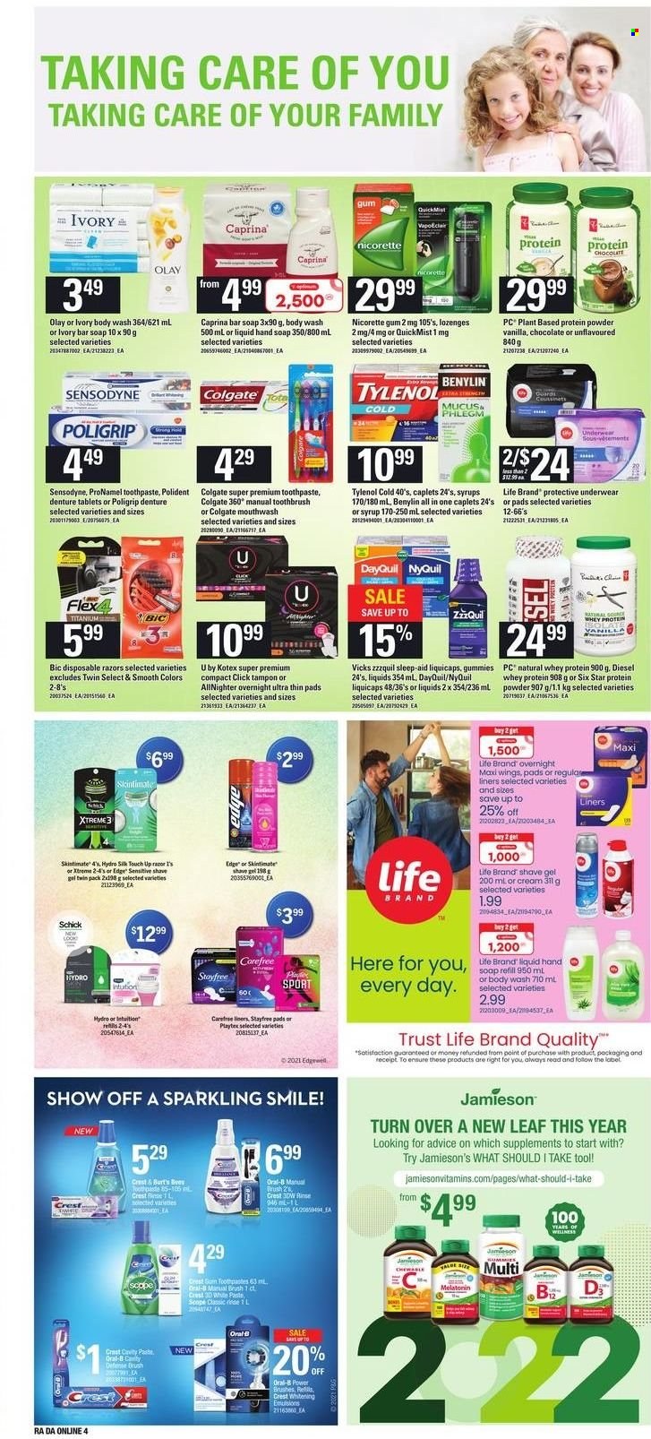 thumbnail - Atlantic Superstore Flyer - December 30, 2021 - January 05, 2022 - Sales products - chocolate, body wash, hand soap, soap bar, soap, toothbrush, toothpaste, mouthwash, Polident, Crest, Stayfree, Playtex, Carefree, Kotex, tampons, Olay, BIC, razor, shave gel, Schick, disposable razor, Trust, Vicks, DayQuil, Nicorette, Tylenol, ZzzQuil, NyQuil, whey protein, Nicorette Gum, Benylin, Colgate, Oral-B, Sensodyne. Page 8.