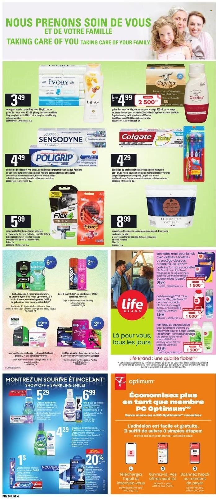 thumbnail - Provigo Flyer - December 30, 2021 - January 05, 2022 - Sales products - Silk, body wash, hand soap, soap bar, soap, toothpaste, mouthwash, Polident, Crest, Stayfree, Playtex, Carefree, Olay, BIC, shave gel, Schick, disposable razor, Colgate, Oral-B, Sensodyne. Page 8.