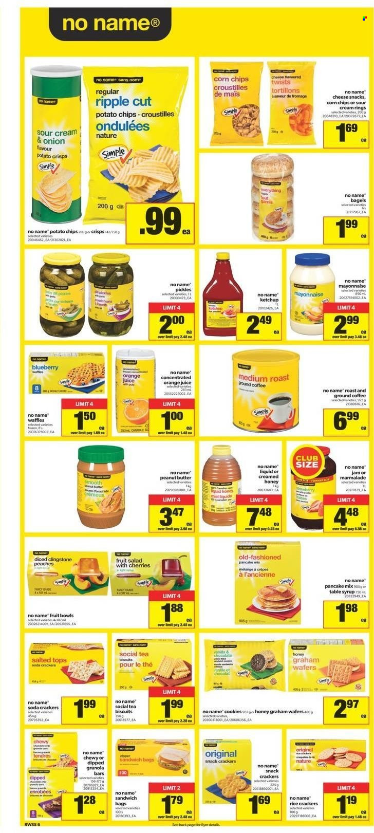 thumbnail - Real Canadian Superstore Flyer - December 30, 2021 - January 05, 2022 - Sales products - bagels, waffles, salad, peaches, No Name, sandwich, pancakes, cheese, mayonnaise, cookies, wafers, chocolate, snack, crackers, biscuit, potato crisps, potato chips, corn chips, rice crackers, pickles, fruit salad, granola bar, honey, fruit jam, peanut butter, syrup, orange juice, juice, soda, tea, coffee, ground coffee, table, ketchup, chips. Page 3.
