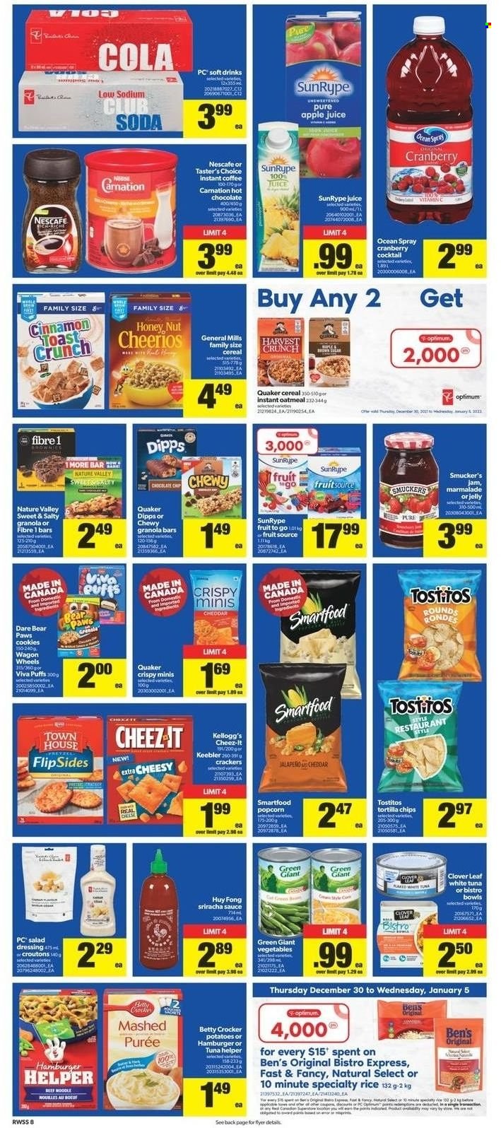 thumbnail - Real Canadian Superstore Flyer - December 30, 2021 - January 05, 2022 - Sales products - puffs, potatoes, jalapeño, tuna, Quaker, Clover, cookies, jelly, crackers, Kellogg's, Ego, Keebler, tortilla chips, Smartfood, popcorn, Cheez-It, Tostitos, croutons, oatmeal, cereals, Cheerios, granola bar, Nature Valley, cinnamon, salad dressing, sriracha, dressing, fruit jam, apple juice, juice, soft drink, hot chocolate, instant coffee, Paws, Optimum, wagon, chips, Nescafé. Page 8.