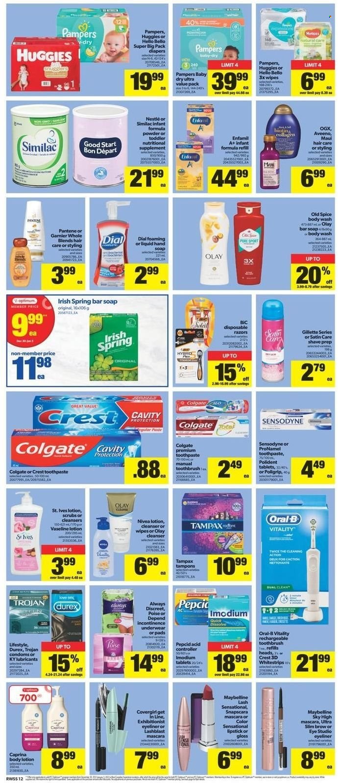 thumbnail - Real Canadian Superstore Flyer - December 30, 2021 - January 05, 2022 - Sales products - spice, Enfamil, Similac, wipes, nappies, Aveeno, body wash, hand soap, Vaseline, soap bar, Dial, soap, toothbrush, toothpaste, Polident, Crest, Always Discreet, incontinence underwear, tampons, cleanser, Olay, OGX, body lotion, BIC, mascara, eyeliner, Optimum, nutritional supplement, Nestlé, Colgate, Garnier, Gillette, Maybelline, Tampax, Huggies, Imodium, Pampers, Pantene, Nivea, Old Spice, Oral-B, Sensodyne. Page 12.