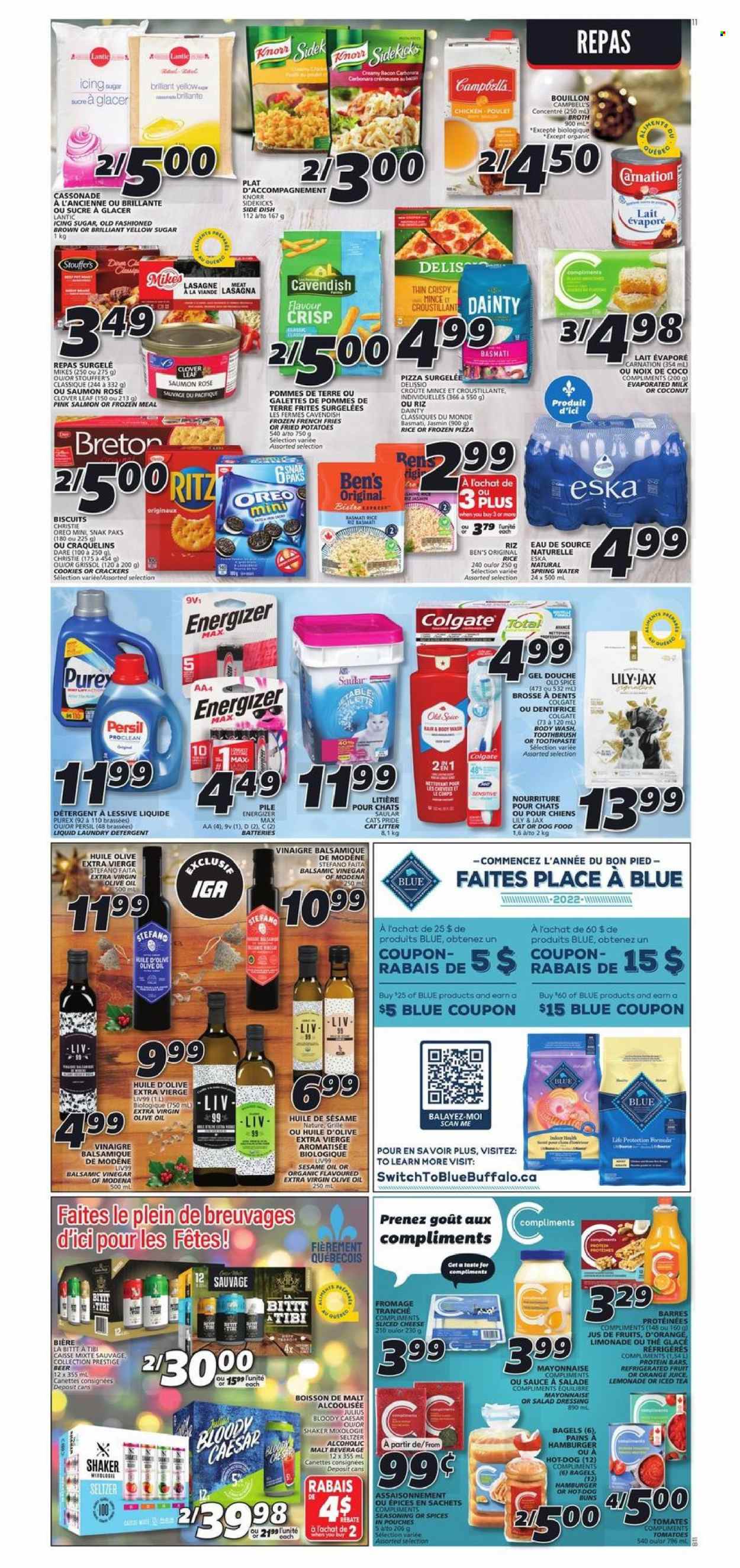 thumbnail - IGA Flyer - December 30, 2021 - January 05, 2022 - Sales products - bagels, buns, potatoes, Campbell's, pizza, hamburger, sauce, lasagna meal, bacon, sliced cheese, Clover, evaporated milk, mayonnaise, Stouffer's, potato fries, french fries, cookies, crackers, biscuit, bouillon, sugar, icing sugar, malt, protein bar, basmati rice, spice, salad dressing, dressing, balsamic vinegar, extra virgin olive oil, vinegar, olive oil, oil, lemonade, ice tea, seltzer water, spring water, rosé wine, beer, Knorr, Oreo, Energizer, Colgate, Old Spice, oranges. Page 8.