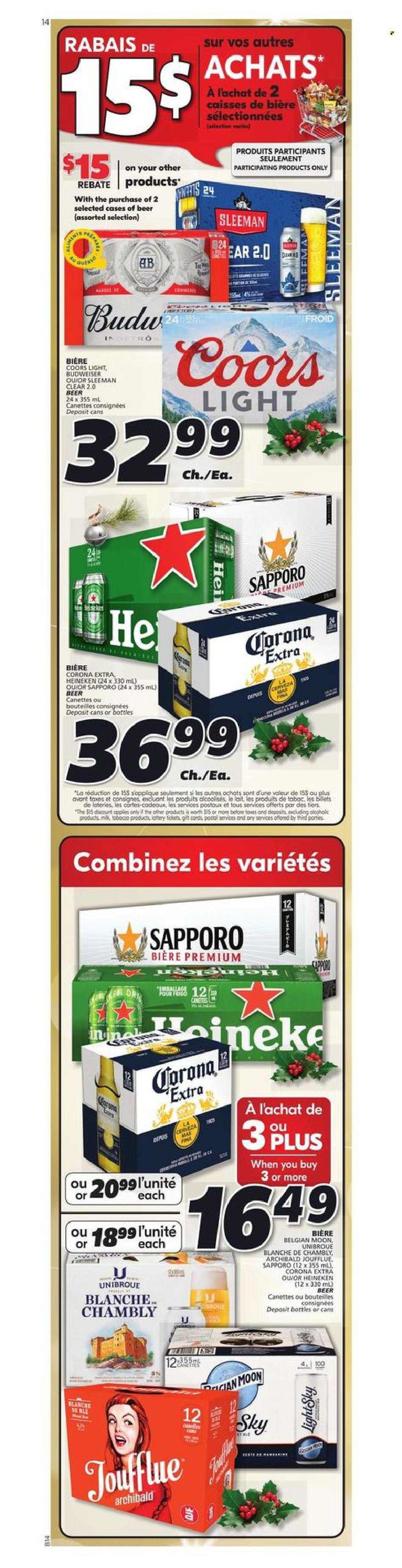thumbnail - IGA Flyer - December 30, 2021 - January 05, 2022 - Sales products - beer, Corona Extra, Heineken, Budweiser, Coors. Page 12.