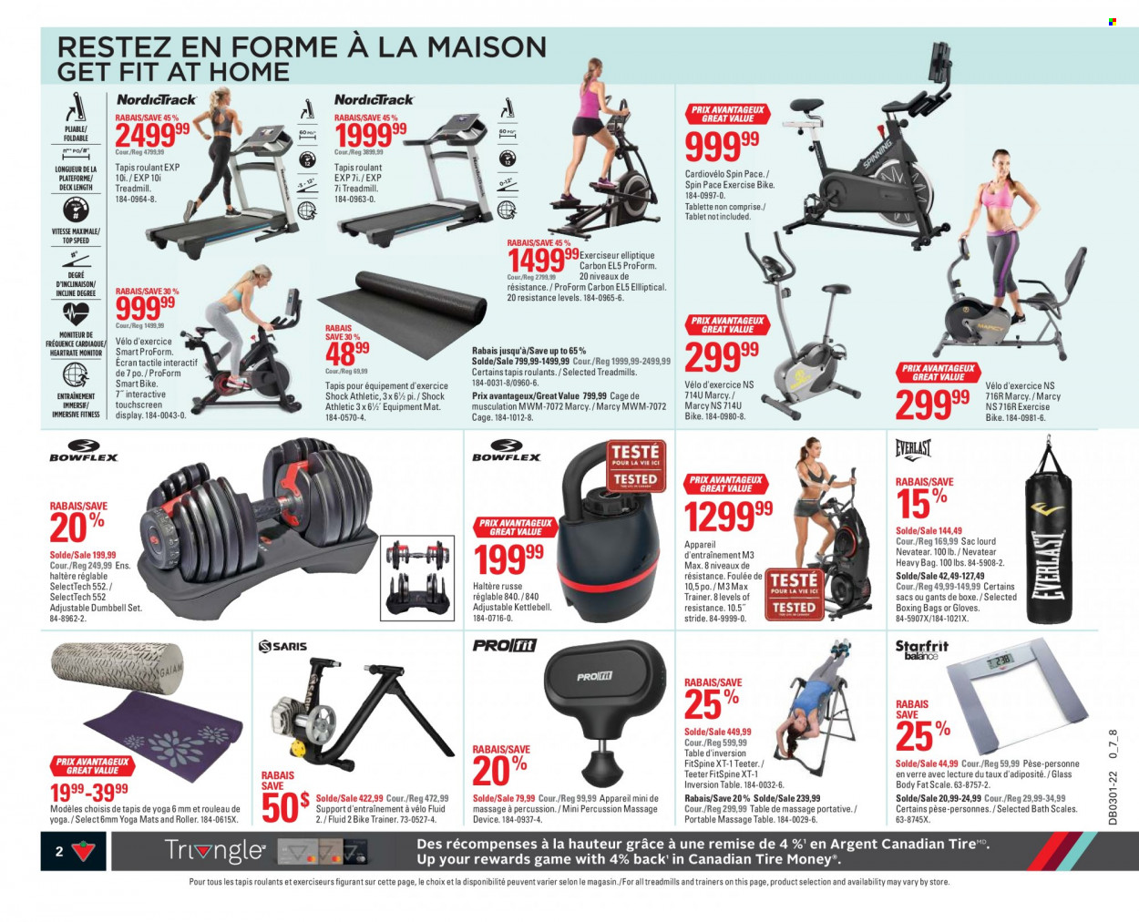 thumbnail - Canadian Tire Flyer - December 30, 2021 - January 05, 2022 - Sales products - scale, bag, gloves, percussion instrument, cage, roller, table, trainers, treadmill, Everlast, heavy bag, ProForm, kettlebell, dumbbell, yoga mat, massage table. Page 2.