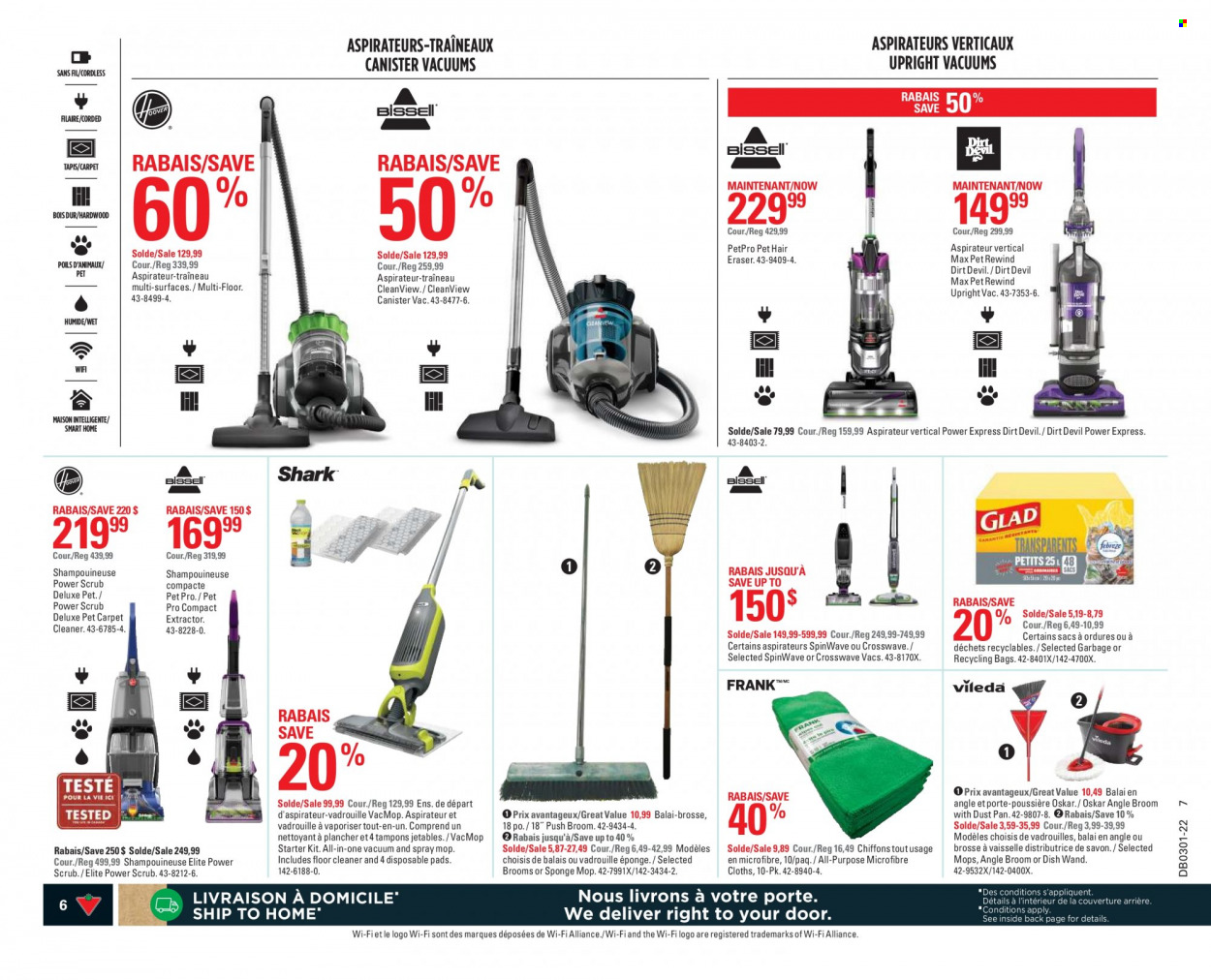 thumbnail - Canadian Tire Flyer - December 30, 2021 - January 05, 2022 - Sales products - disposable pad, cleaner, floor cleaner, Vileda, mop, broom, angle broom, canister, eraser, Bissell. Page 6.