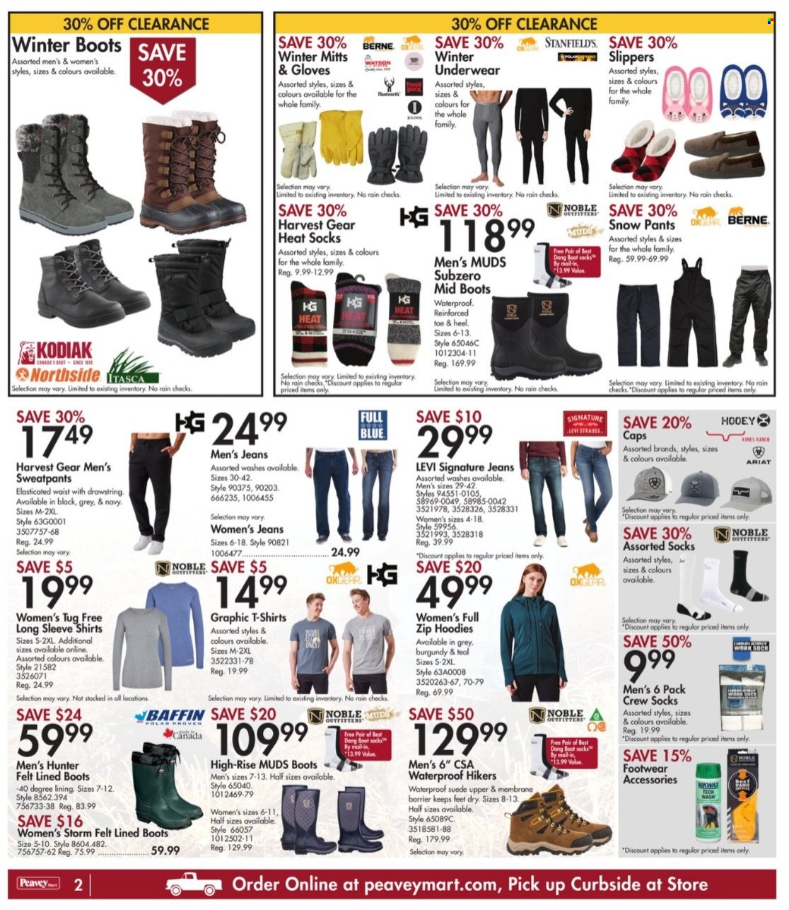 thumbnail - Peavey Mart Flyer - December 30, 2021 - January 06, 2022 - Sales products - gloves, hoodie, pants, long-sleeve shirt, t-shirt, sweatpants, socks, cap, Hunter, underwear, boots, slippers, winter boots, hiking shoes, jeans. Page 2.