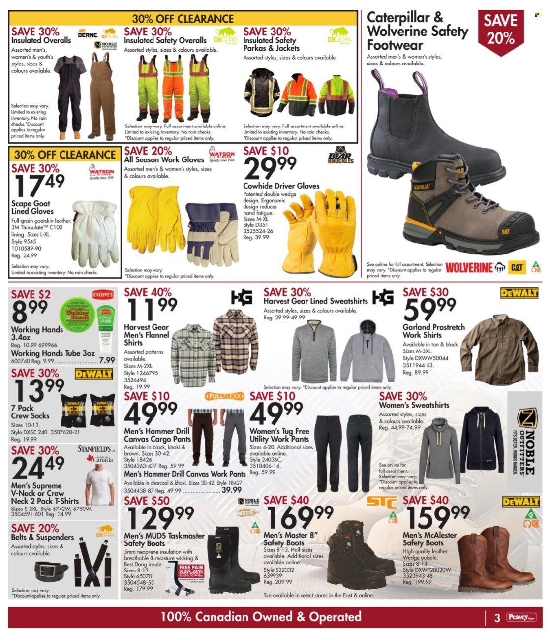 thumbnail - Peavey Mart Flyer - December 30, 2021 - January 06, 2022 - Sales products - gloves, canvas, garland, jacket, cargo pants, pants, t-shirt, sweatshirt, socks, boots, DeWALT, drill, work gloves, parka. Page 3.