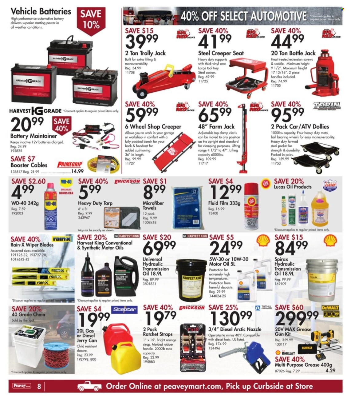 thumbnail - Peavey Mart Flyer - December 30, 2021 - January 06, 2022 - Sales products - microfiber towel, tray, eraser, battery, towel, bench, DeWALT, vinyl, WD-40, strap, wiper blades, booster cables, Lucas, Rain-X, motor oil. Page 8.