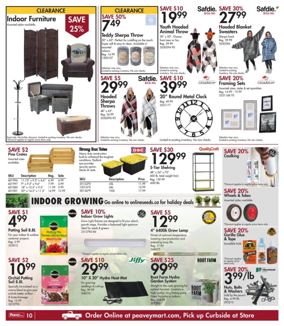 thumbnail - Peavey Mart Flyer - December 30, 2021 - January 06, 2022 - Sales products - clock, padlock, container, glue, blanket, Optimum, washers, pump, potting mix, Jiffy. Page 10.
