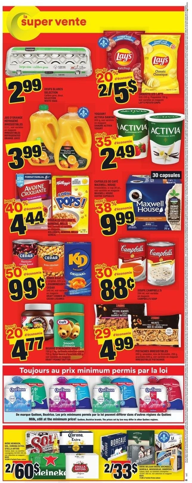 thumbnail - Super C Flyer - December 30, 2021 - January 05, 2022 - Sales products - Campbell's, soup, Kraft®, yoghurt, Activia, milk, eggs, Kellogg's, potato chips, Lay’s, cereals, Corn Pops, peanut butter, almonds, pistachios, orange juice, juice, Maxwell House, coffee, coffee capsules, K-Cups, beer, Corona Extra, Heineken, Danone, Stella Artois, ketchup, chips. Page 2.