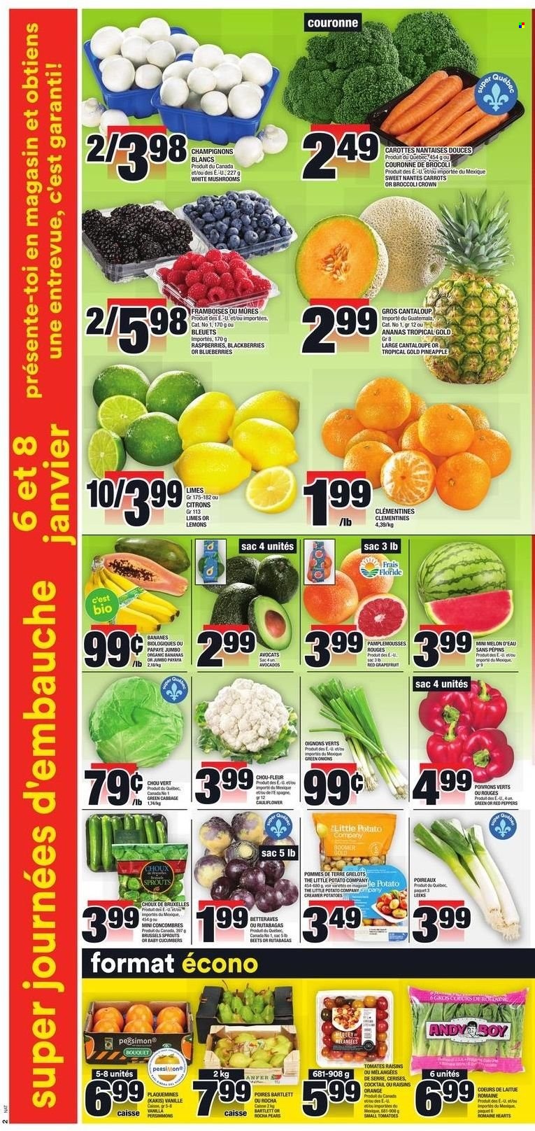 thumbnail - Super C Flyer - December 30, 2021 - January 05, 2022 - Sales products - mushrooms, broccoli, cabbage, cantaloupe, carrots, cauliflower, cucumber, tomatoes, onion, peppers, brussel sprouts, red peppers, avocado, bananas, blackberries, clementines, limes, pineapple, pears, persimmons, melons, lemons, dried fruit, raisins. Page 3.