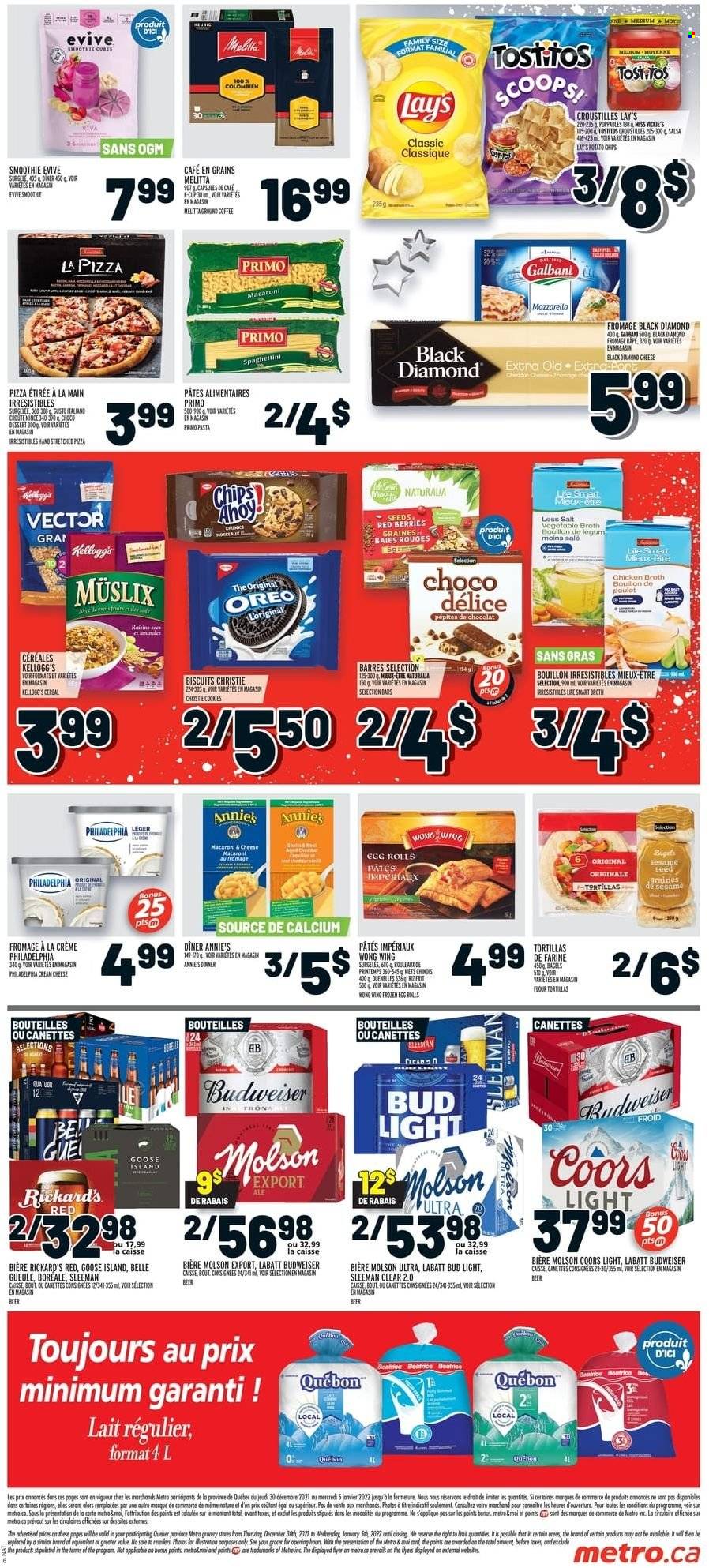 thumbnail - Metro Flyer - December 30, 2021 - January 05, 2022 - Sales products - bagels, tortillas, pizza, macaroni, pasta, egg rolls, Annie's, Galbani, cookies, Kellogg's, biscuit, potato chips, Lay’s, Tostitos, bouillon, sesame seed, salt, broth, cereals, salsa, dried fruit, smoothie, coffee, ground coffee, beer, Bud Light, Oreo, Budweiser, calcium, raisins, Philadelphia, Coors. Page 2.