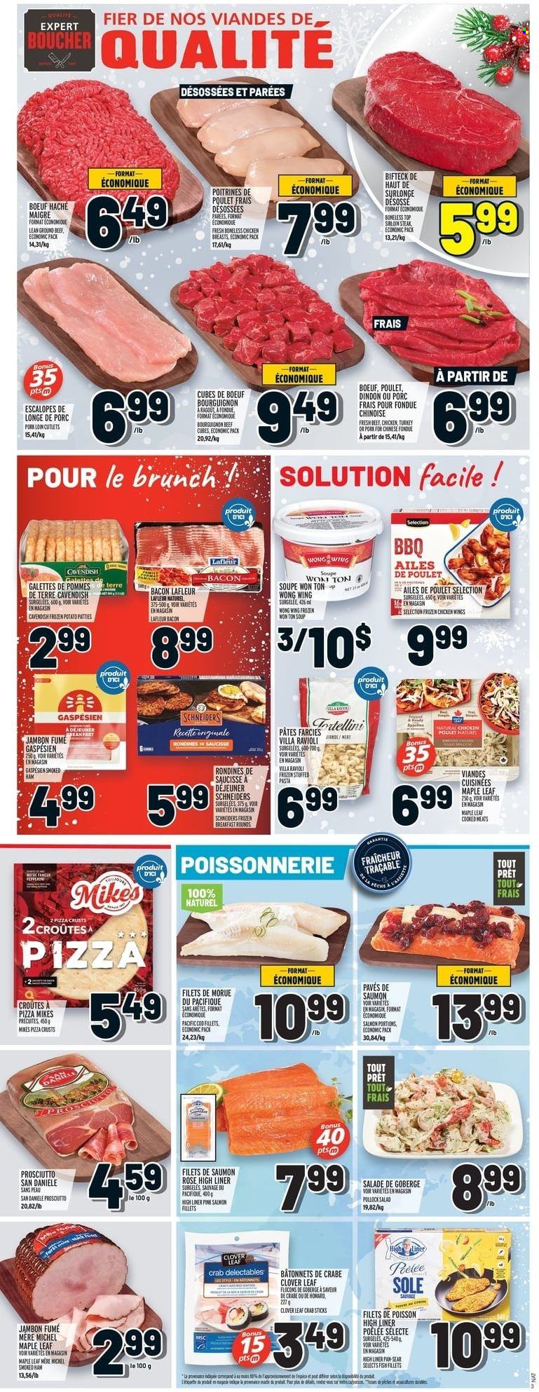 thumbnail - Metro Flyer - December 30, 2021 - January 05, 2022 - Sales products - salad, cod, fish fillets, salmon, salmon fillet, pollock, crab, fish, ravioli, pizza, soup, pasta, bacon, ham, prosciutto, smoked ham, Clover, chicken wings, rosé wine, chicken breasts, chicken, beef meat, beef sirloin, ground beef, sirloin steak, pork loin, pork meat, pan, rose, steak. Page 4.