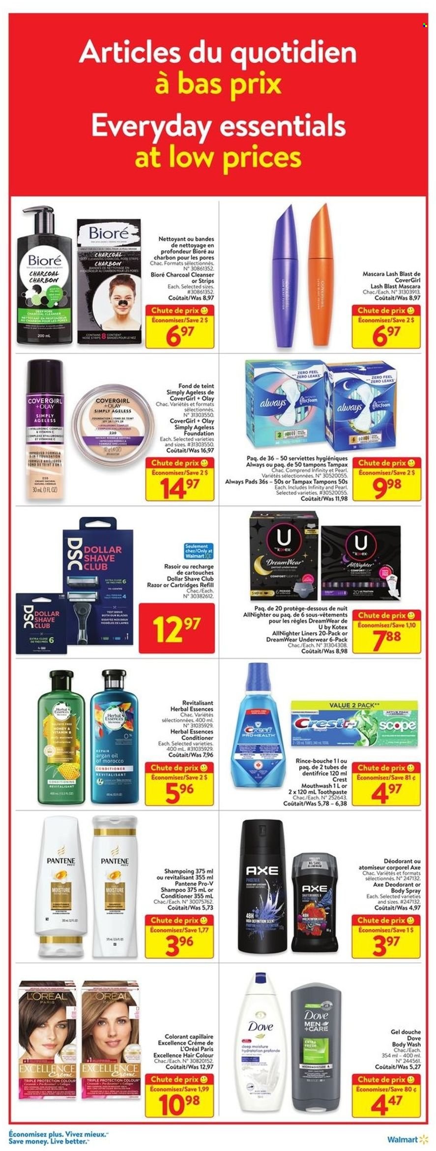 thumbnail - Walmart Flyer - December 30, 2021 - January 05, 2022 - Sales products - strips, body wash, toothpaste, mouthwash, Crest, Always pads, Kotex, tampons, cleanser, L’Oréal, Olay, Bioré®, Infinity, Dollar Shave Club, conditioner, hair color, Herbal Essences, body spray, anti-perspirant, razor, mascara, scope, argan oil, Dove, shampoo, Tampax, Pantene, deodorant. Page 8.