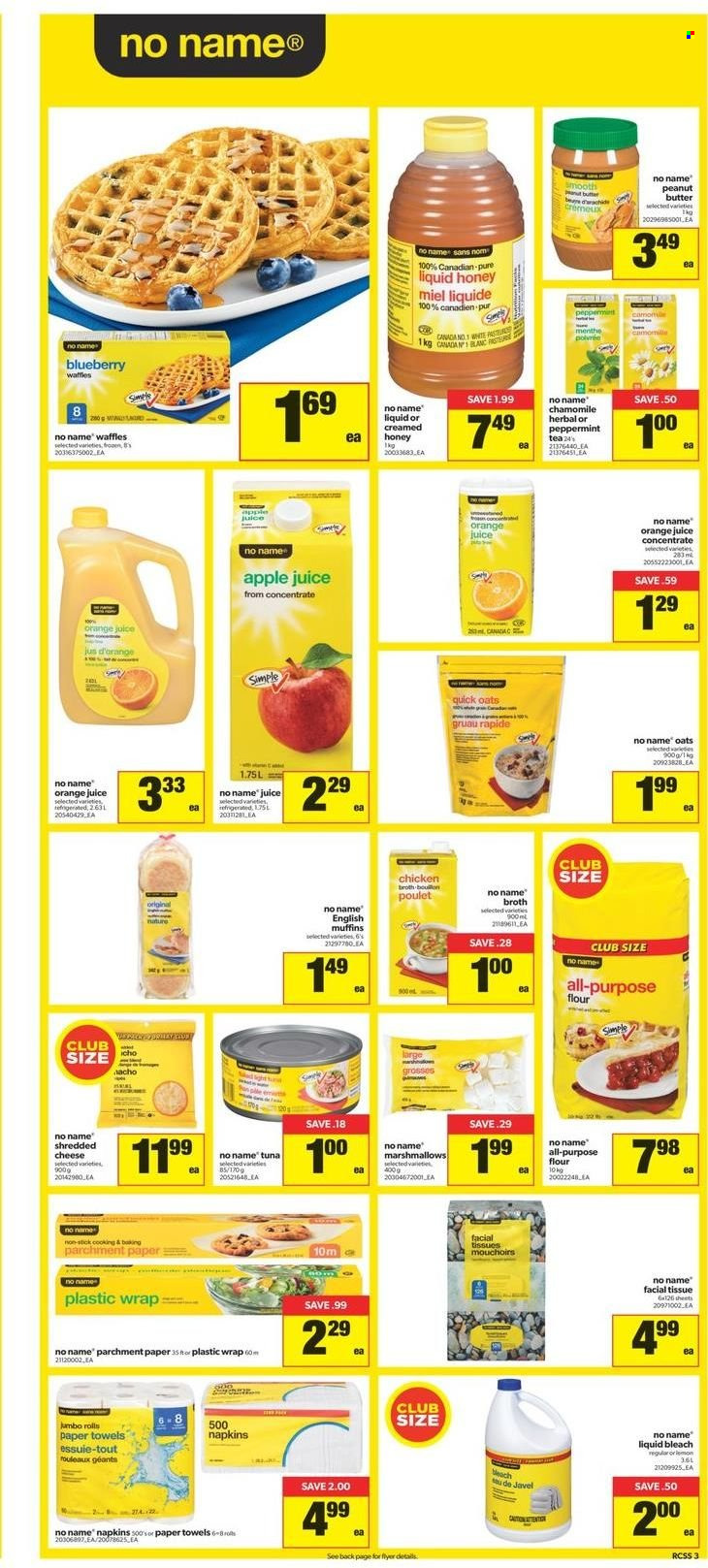 thumbnail - Real Canadian Superstore Flyer - December 30, 2021 - January 05, 2022 - Sales products - english muffins, waffles, tuna, No Name, shredded cheese, marshmallows, flour, oats, broth, Quick Oats, honey, peanut butter, apple juice, orange juice, juice, tea, napkins, tissues, kitchen towels, paper towels, bleach, facial tissues. Page 3.