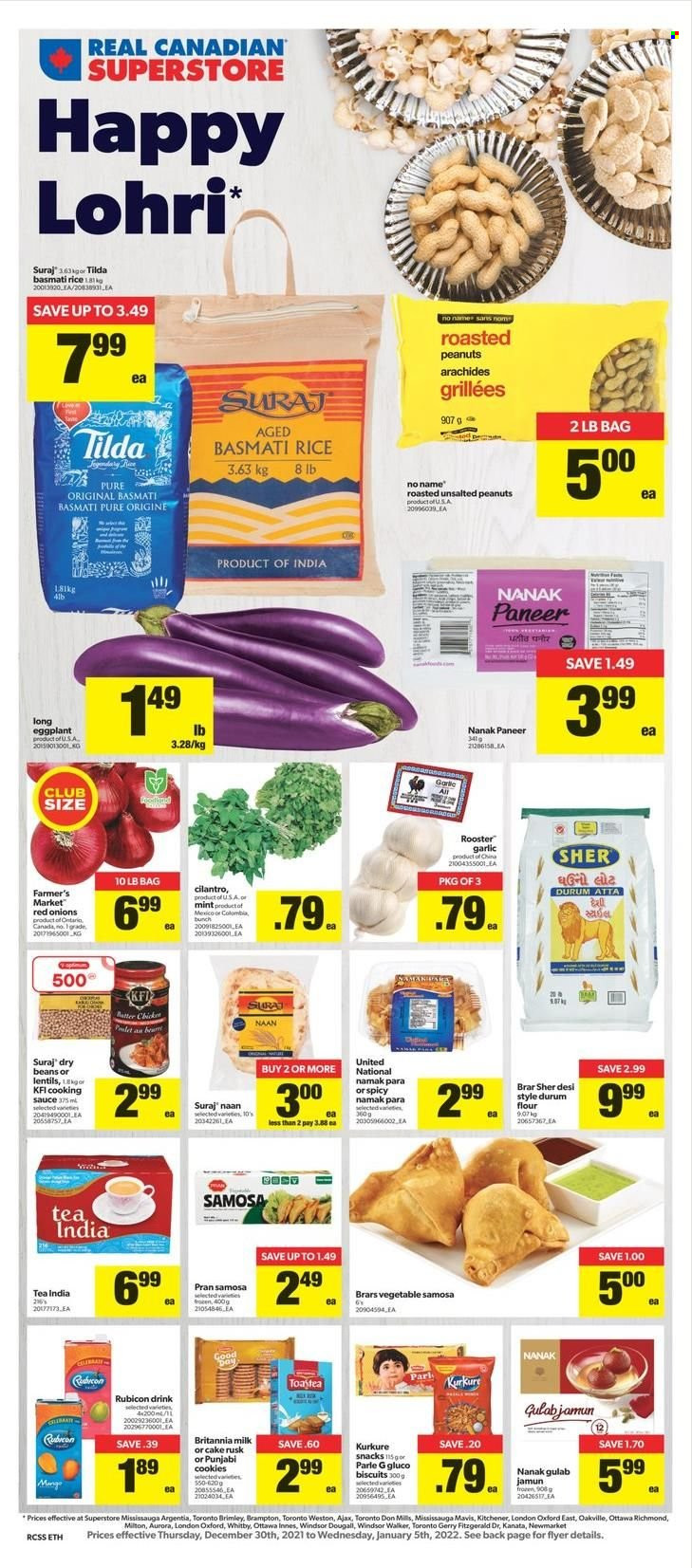 Real Canadian Superstore Flyer - December 30, 2021 - January 05, 2022 - Sales products - cake, rusks, beans, garlic, red onions, onion, eggplant, No Name, sauce, paneer, milk, snack, biscuit, Parle, flour, lentils, basmati rice, rice, dry beans, cilantro, roasted peanuts, peanuts, tea, nappies, Ajax. Page 1.