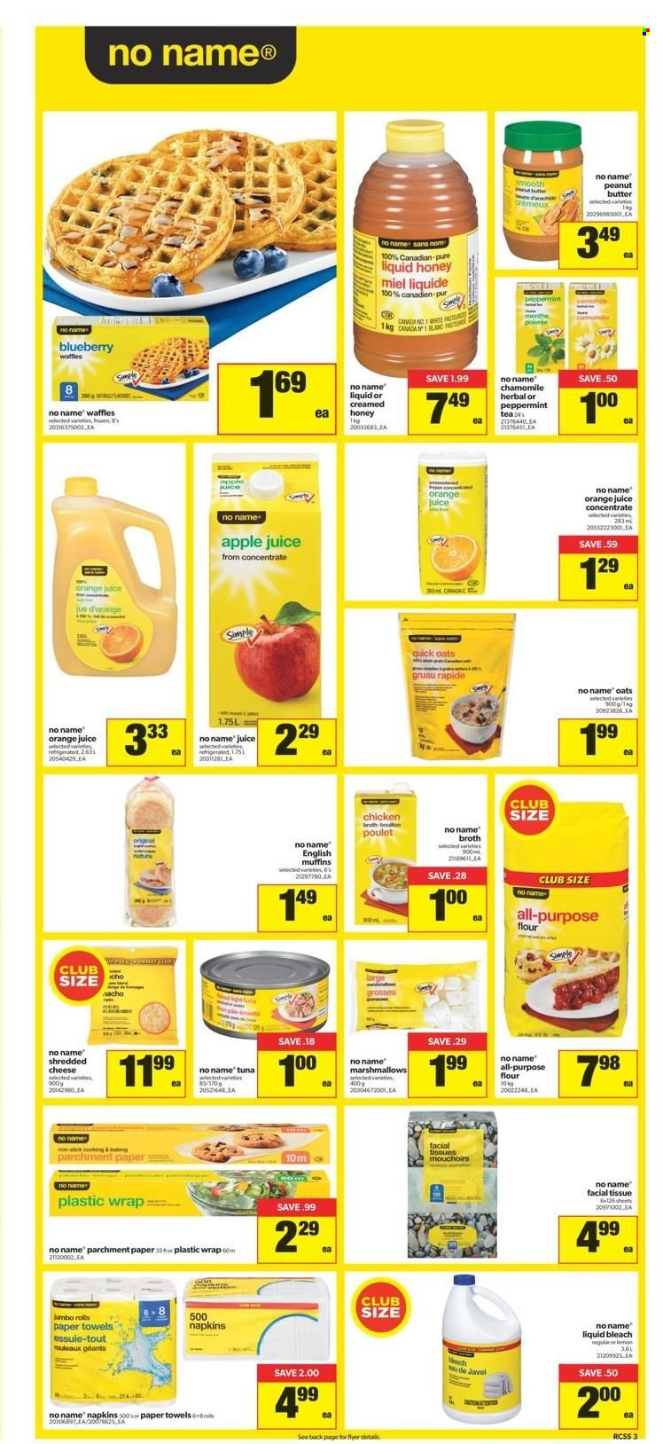 thumbnail - Real Canadian Superstore Flyer - December 30, 2021 - January 05, 2022 - Sales products - english muffins, waffles, tuna, No Name, shredded cheese, marshmallows, flour, chicken broth, oats, broth, Quick Oats, honey, peanut butter, apple juice, orange juice, juice, napkins, tissues, kitchen towels, paper towels, bleach. Page 3.