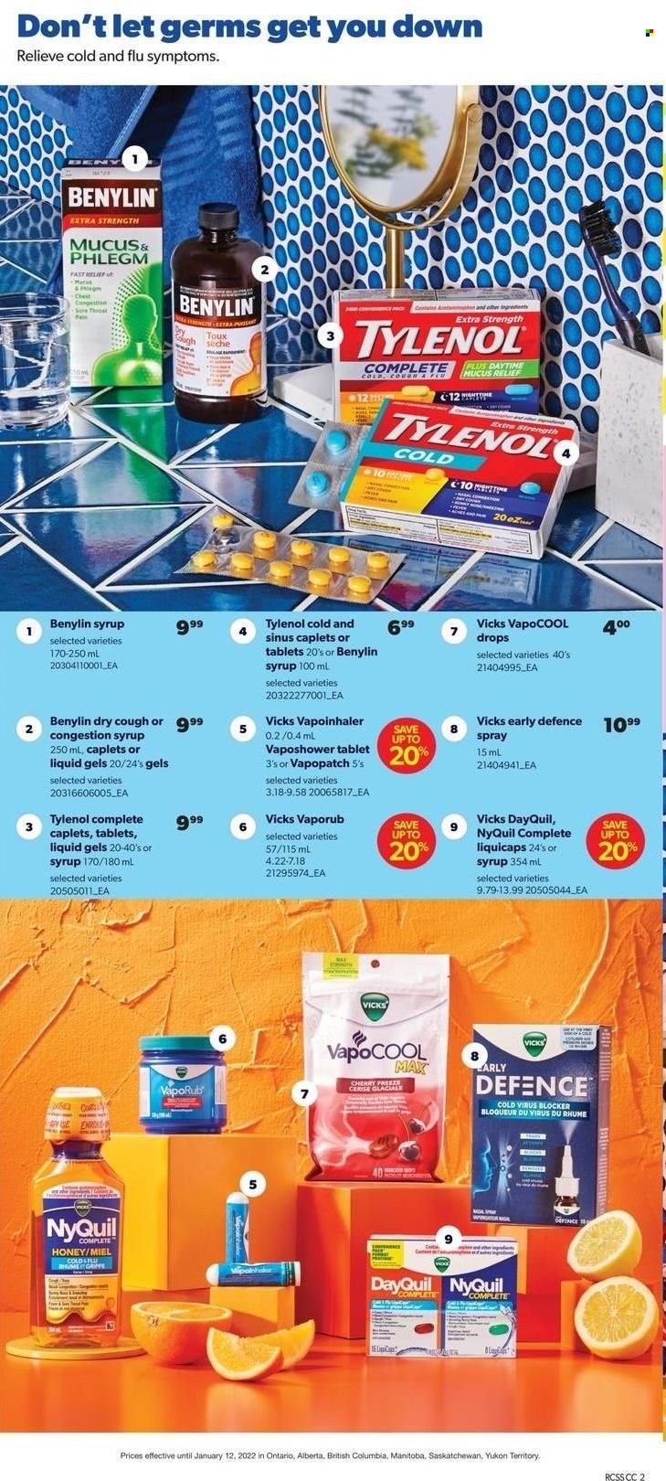 thumbnail - Real Canadian Superstore Flyer - December 30, 2021 - January 12, 2022 - Sales products - tablet, cherries, honey, Vicks, DayQuil, Tylenol, NyQuil, VapoRub, Benylin. Page 2.