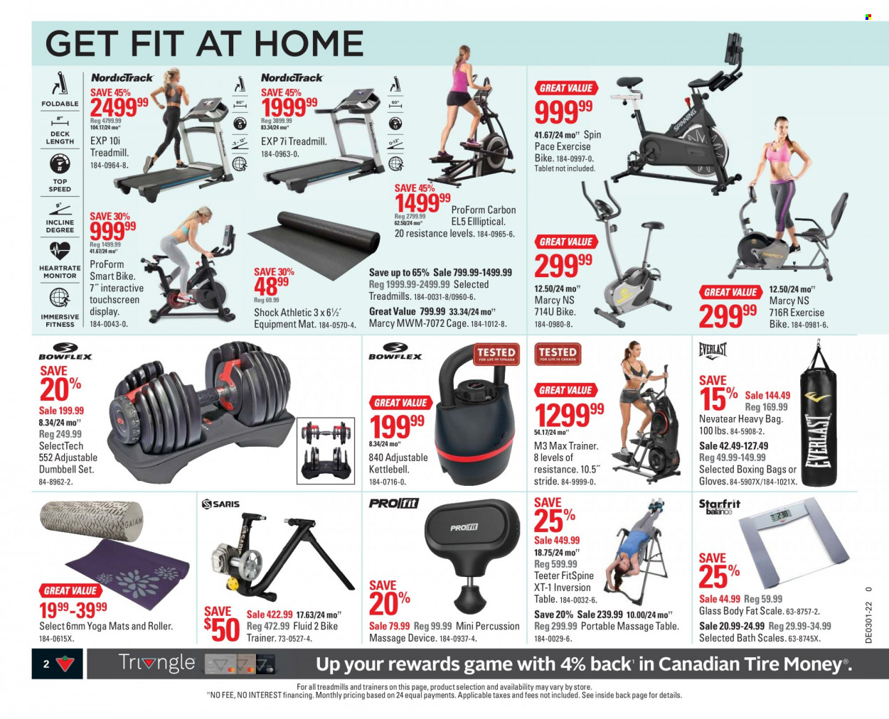 thumbnail - Canadian Tire Flyer - December 31, 2021 - January 06, 2022 - Sales products - scale, bag, gloves, percussion instrument, cage, roller, table, trainers, treadmill, heavy bag, ProForm, kettlebell, dumbbell, yoga mat, massage table. Page 2.
