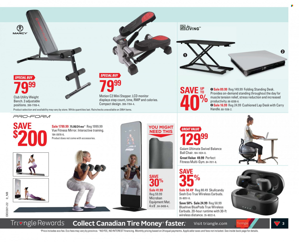thumbnail - Canadian Tire Flyer - December 31, 2021 - January 06, 2022 - Sales products - chair, bench, standing desk, desk, ball chair, mirror, weights set. Page 3.