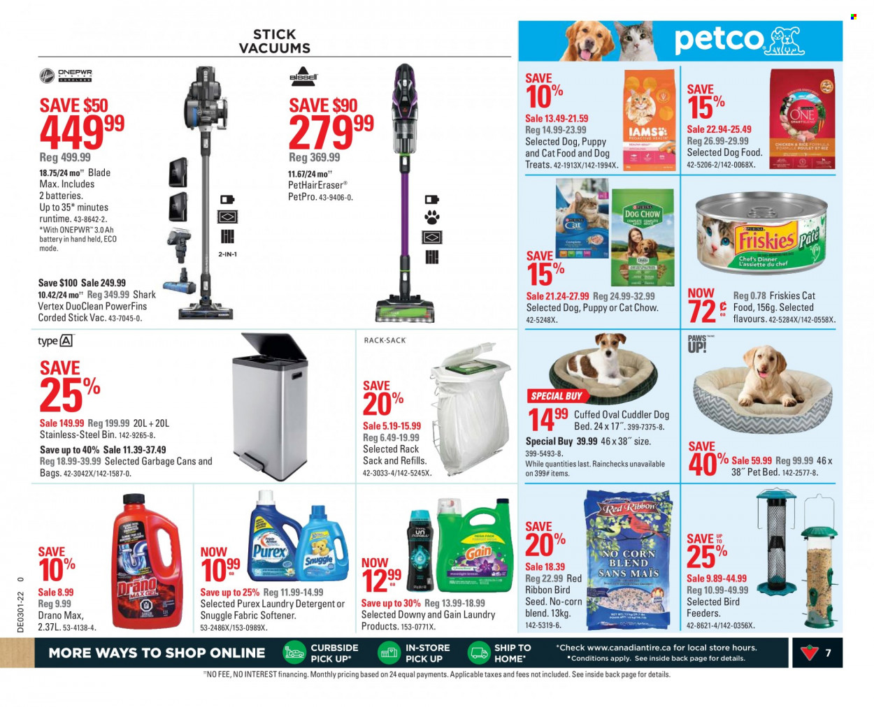 thumbnail - Canadian Tire Flyer - December 31, 2021 - January 06, 2022 - Sales products - Snuggle, fabric softener, laundry detergent, Purex, bag, bin, ribbon, dog bed, pet bed, bird feeder, animal food, bird food, cat food, dog food, plant seeds, Friskies, detergent. Page 7.
