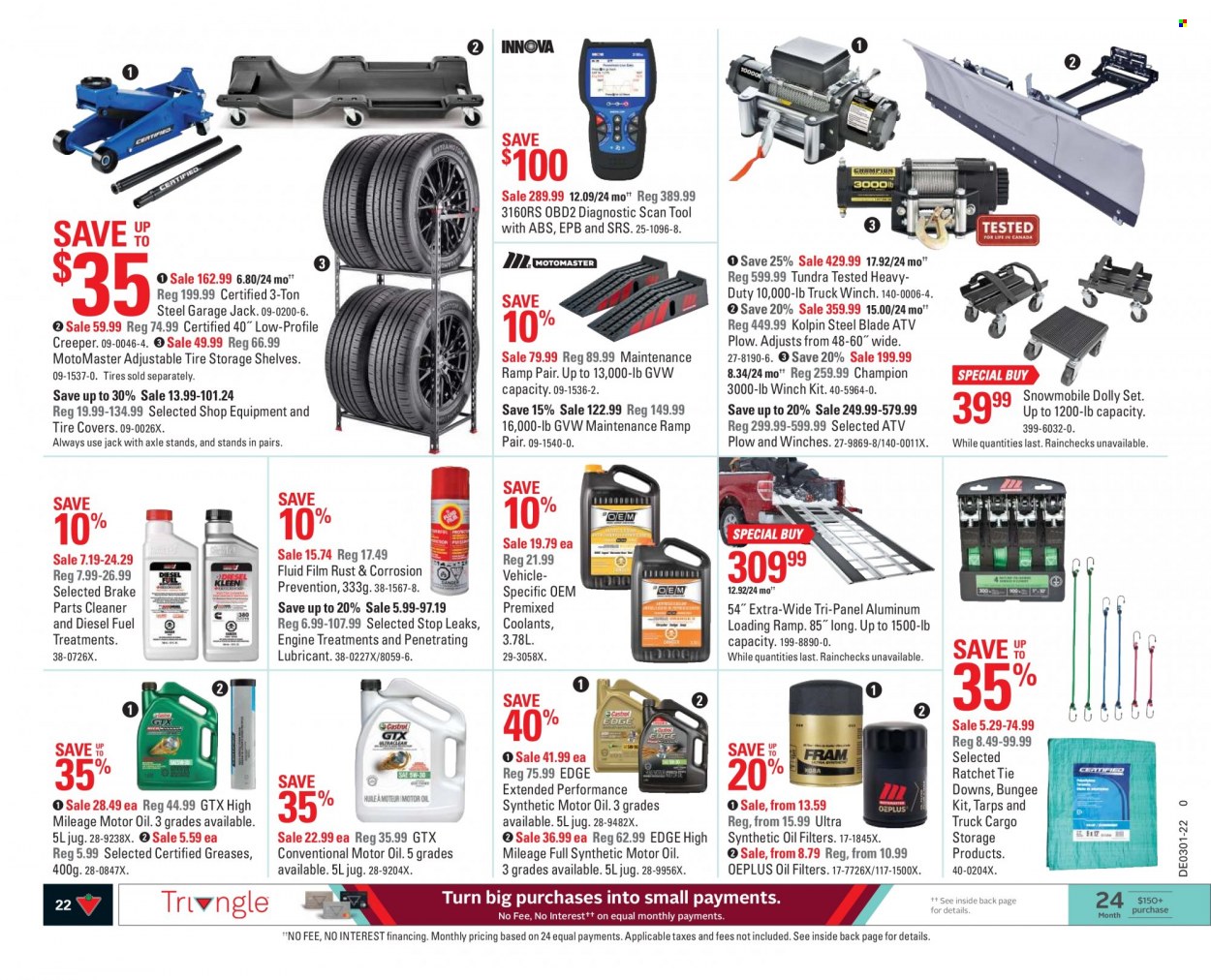 thumbnail - Canadian Tire Flyer - December 31, 2021 - January 06, 2022 - Sales products - cleaner, shelves, tarps, lubricant, winch, tie downs, oil filter, brake cleaner, motor oil, tires. Page 22.