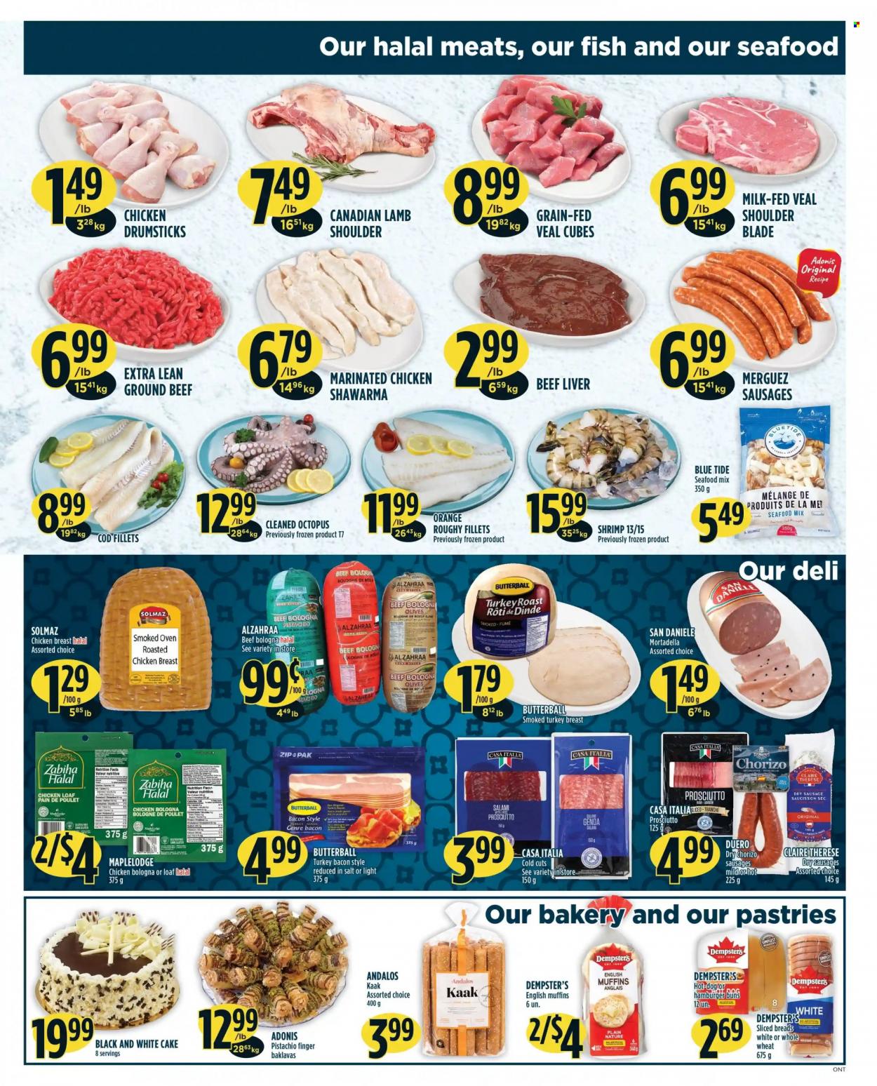 thumbnail - Adonis Flyer - December 30, 2021 - January 05, 2022 - Sales products - english muffins, cake, buns, burger buns, cod, octopus, seafood, shrimps, bacon, Butterball, mortadella, salami, turkey bacon, prosciutto, bologna sausage, sausage, milk, salt, chicken breasts, chicken drumsticks, chicken, turkey, marinated chicken, beef liver, beef meat, ground beef, lamb meat, lamb shoulder, Tide, olives, chorizo, oranges. Page 3.