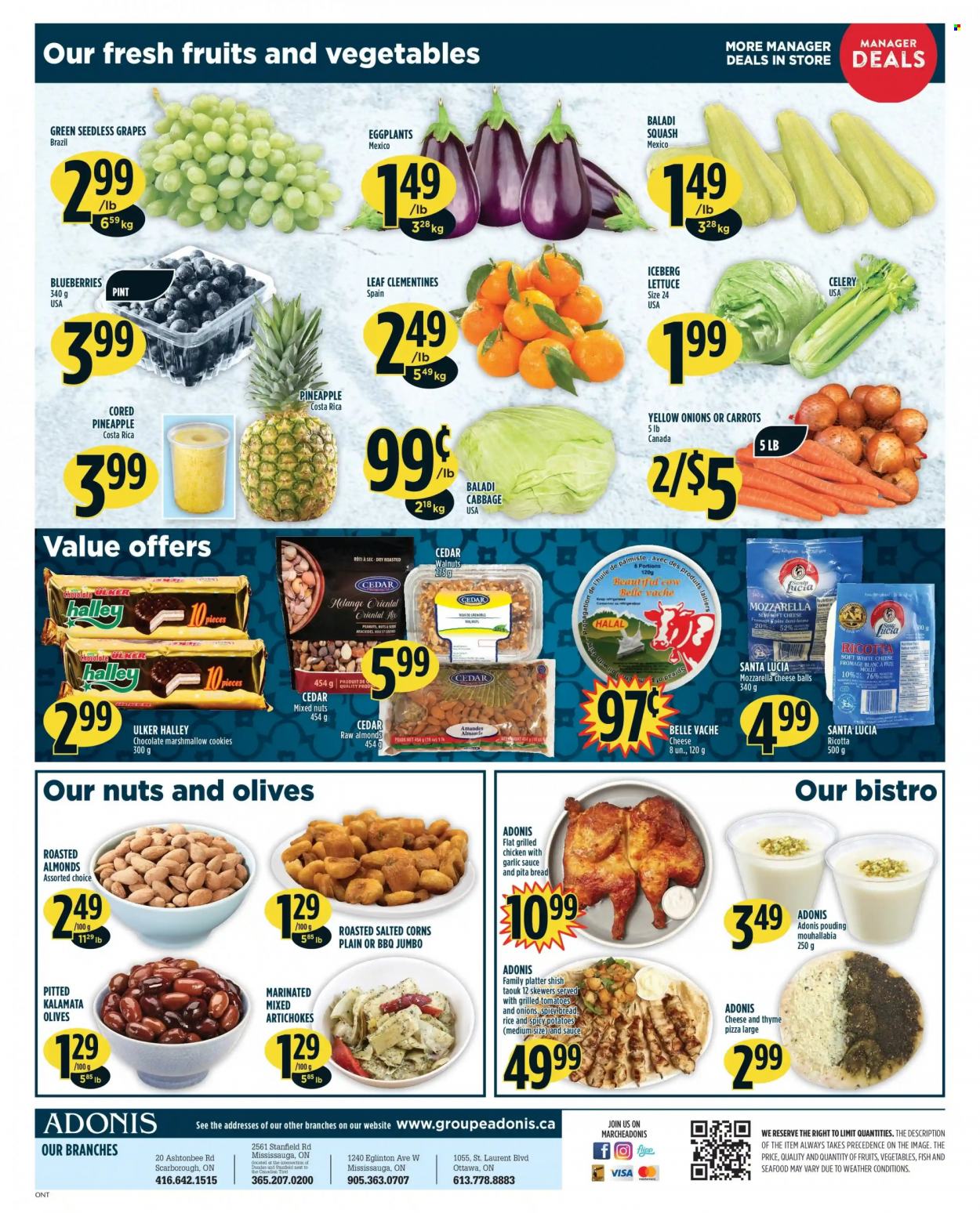 thumbnail - Adonis Flyer - December 30, 2021 - January 05, 2022 - Sales products - pita, artichoke, cabbage, carrots, celery, potatoes, lettuce, eggplant, blueberries, clementines, grapes, seedless grapes, pineapple, seafood, pizza, soft cheese, cookies, marshmallows, chocolate, Santa, rice, garlic sauce, almonds, walnuts, peanuts, mixed nuts, tea, ricotta, olives. Page 4.