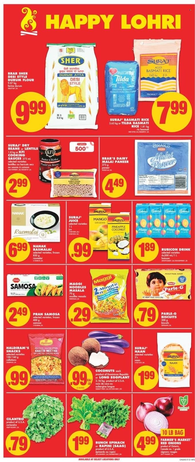 thumbnail - No Frills Flyer - December 30, 2021 - January 05, 2022 - Sales products - beans, red onions, onion, eggplant, pineapple, coconut, noodles, paneer, snack, biscuit, Parle, flour, Maggi, lentils, basmati rice, rice, dry beans, cilantro, juice. Page 8.