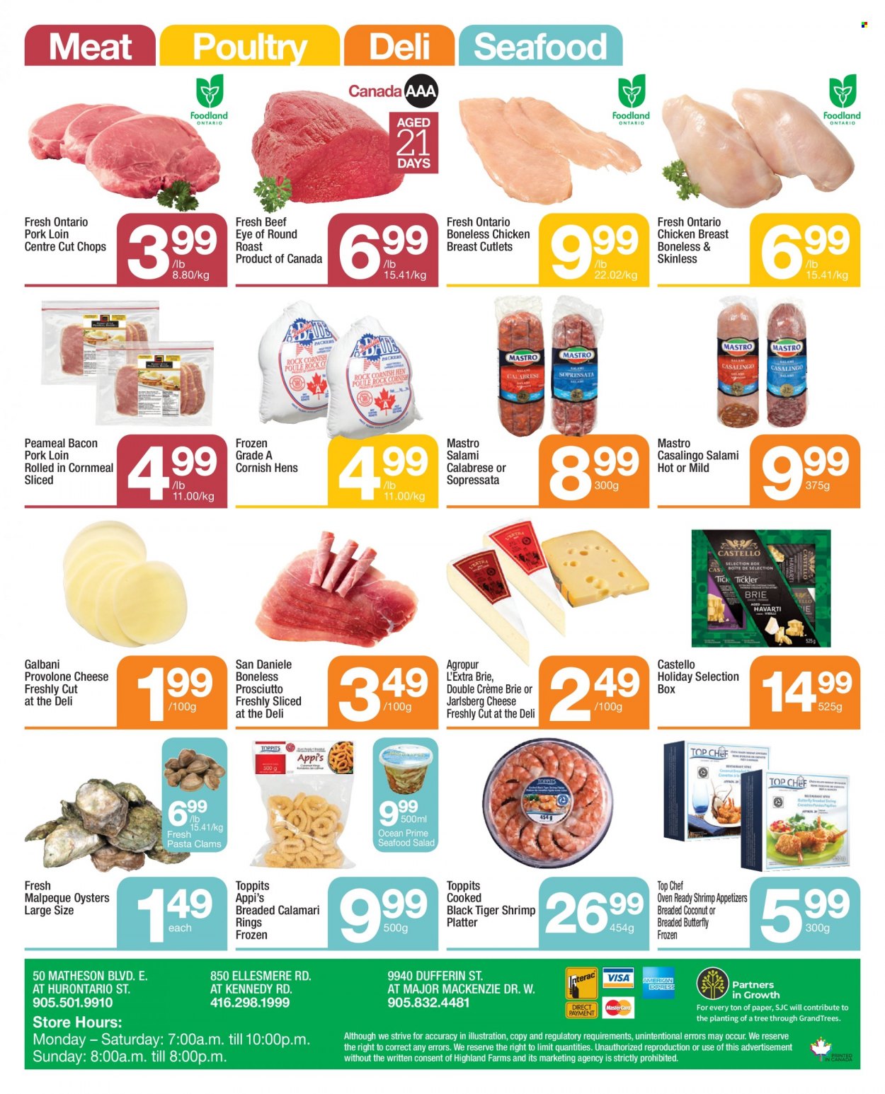 thumbnail - Highland Farms Flyer - December 30, 2021 - January 05, 2022 - Sales products - salad, calamari, clams, oysters, seafood, shrimps, bacon, salami, prosciutto, seafood salad, cheese, brie, Galbani, Provolone, chicken, beef meat, eye of round, round roast, pork loin, pork meat. Page 4.