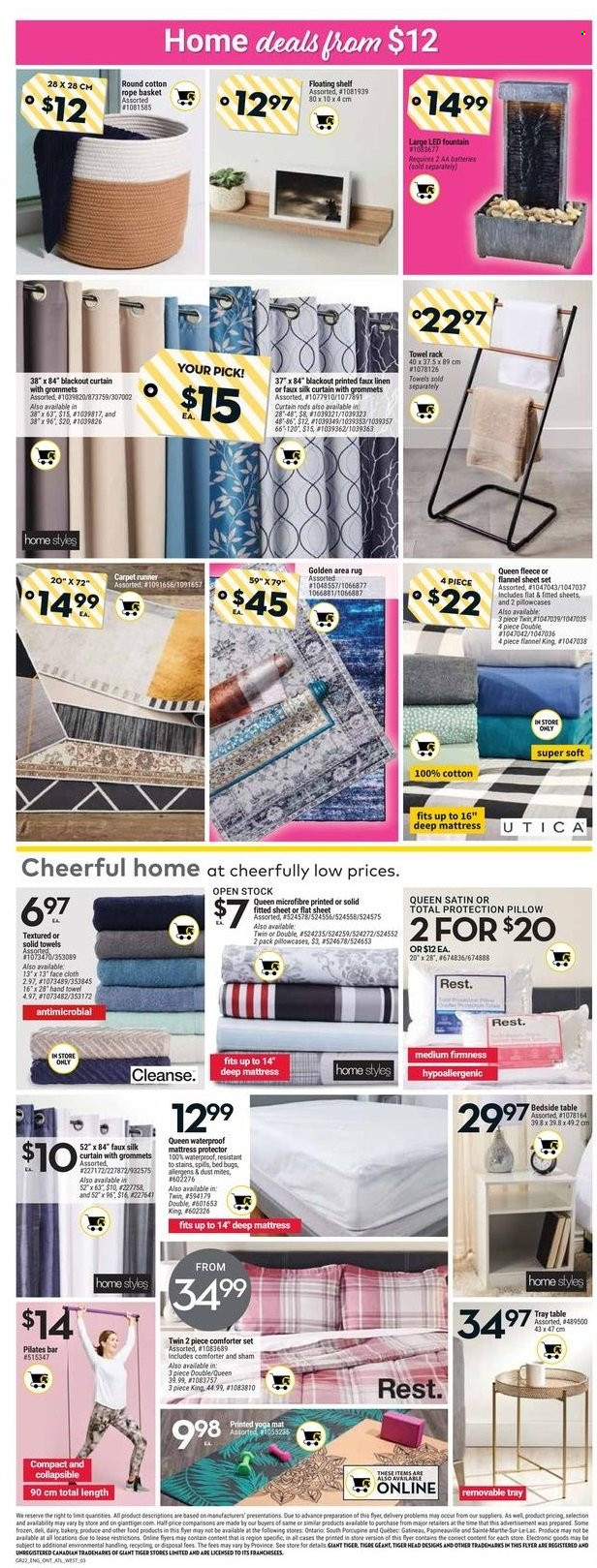 thumbnail - Giant Tiger Flyer - December 29, 2021 - January 04, 2022 - Sales products - Silk, basket, towel hanger, comforter, linens, pillow, pillowcase, mattress protector, blackout curtain, curtain, hand towel, facecloth, Bakers, table, shelves, bed, mattress, bedside table, yoga mat, blackout, rug, area rug, curtain rod. Page 6.