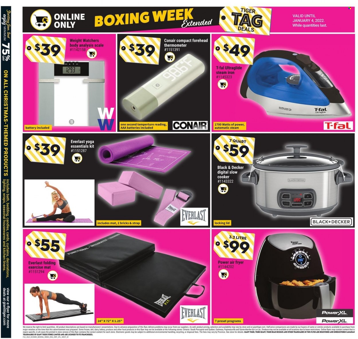 thumbnail - Giant Tiger Flyer - December 29, 2021 - January 04, 2022 - Sales products - scale, wraps, thermometer, lid, candle, AAA batteries, bedding, linens, curtain, Black & Decker, slow cooker, air fryer, iron, steam iron, Everlast, lighting, strap. Page 7.