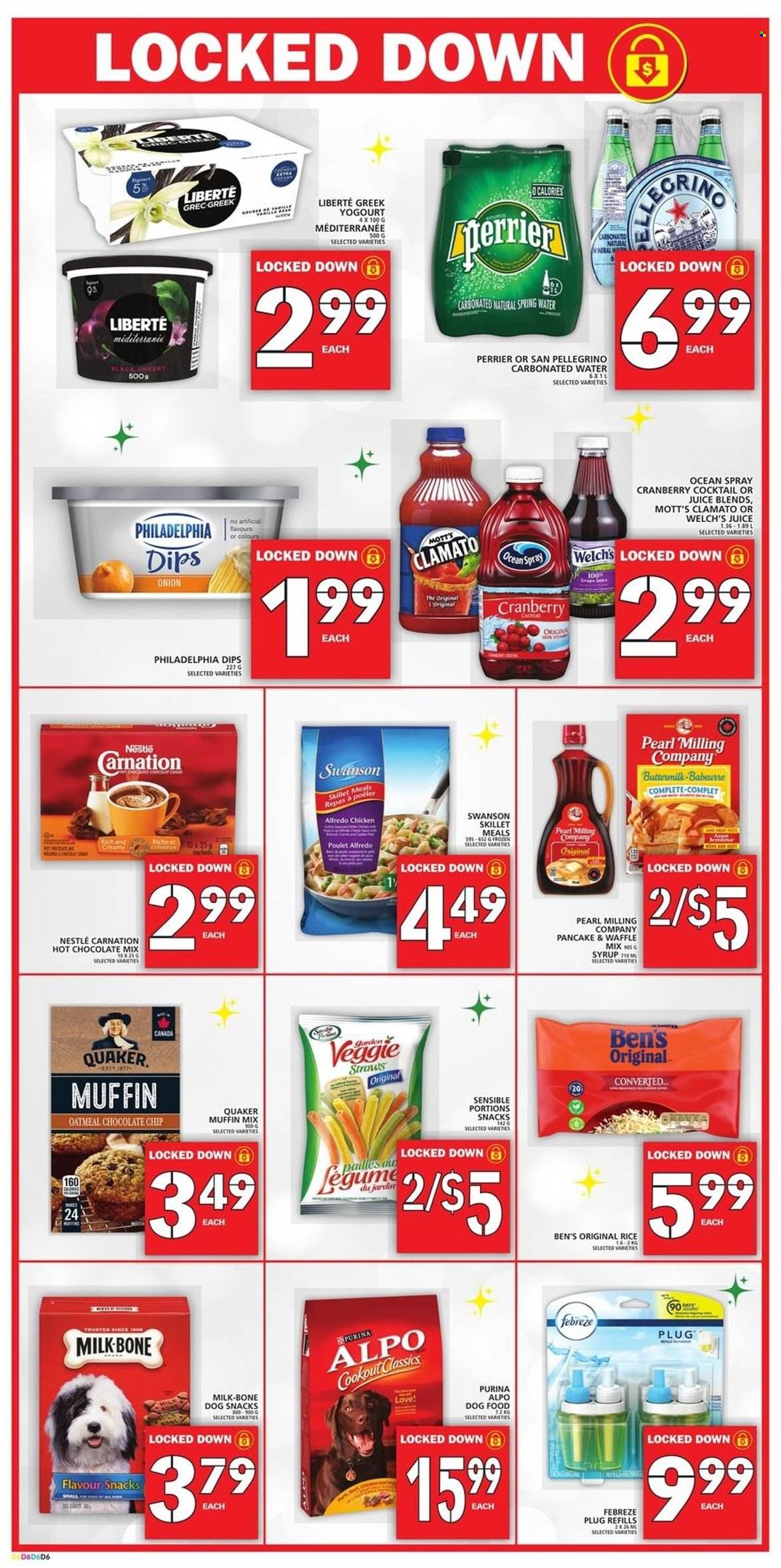 thumbnail - Food Basics Flyer - December 30, 2021 - January 05, 2022 - Sales products - muffin mix, onion, Welch's, Mott's, pancakes, Quaker, buttermilk, chocolate chips, snack, oatmeal, rice, syrup, juice, Clamato, Perrier, spring water, San Pellegrino, hot chocolate, Febreze, animal food, dog food, Purina, Alpo, Nestlé, Philadelphia. Page 7.