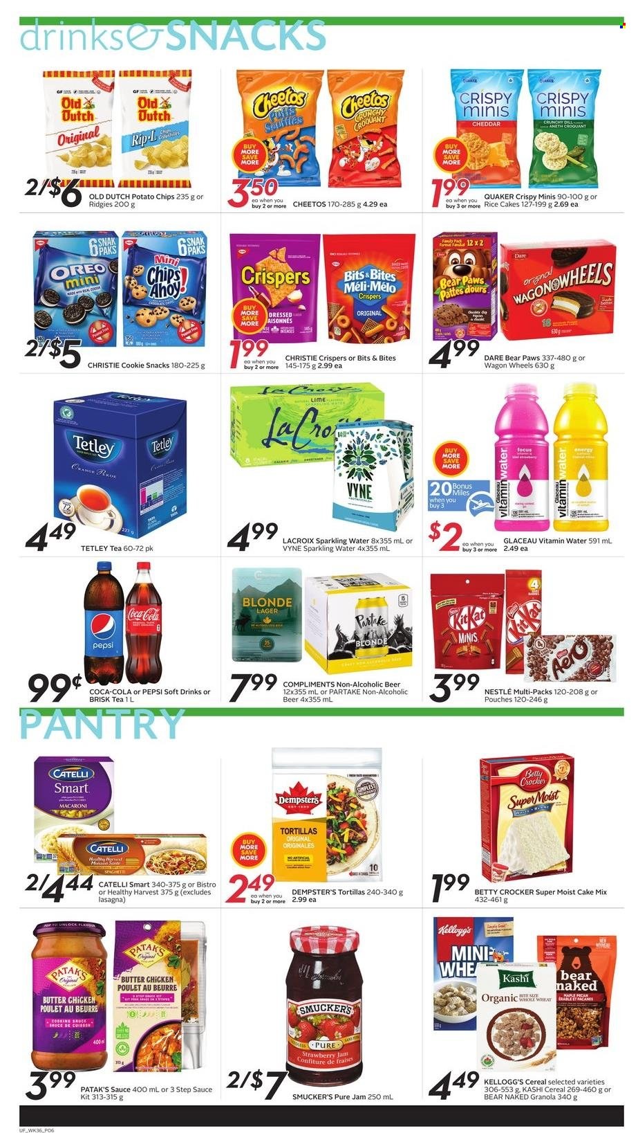 thumbnail - Sobeys Urban Fresh Flyer - December 30, 2021 - January 05, 2022 - Sales products - tortillas, cake mix, macaroni, sauce, Quaker, cheese, snack, Kellogg's, potato chips, Cheetos, cereals, fruit jam, Coca-Cola, Pepsi, soft drink, sparkling water, vitamin water, tea, beer, Lager, Paws, Oreo, Nestlé, granola, chips. Page 6.