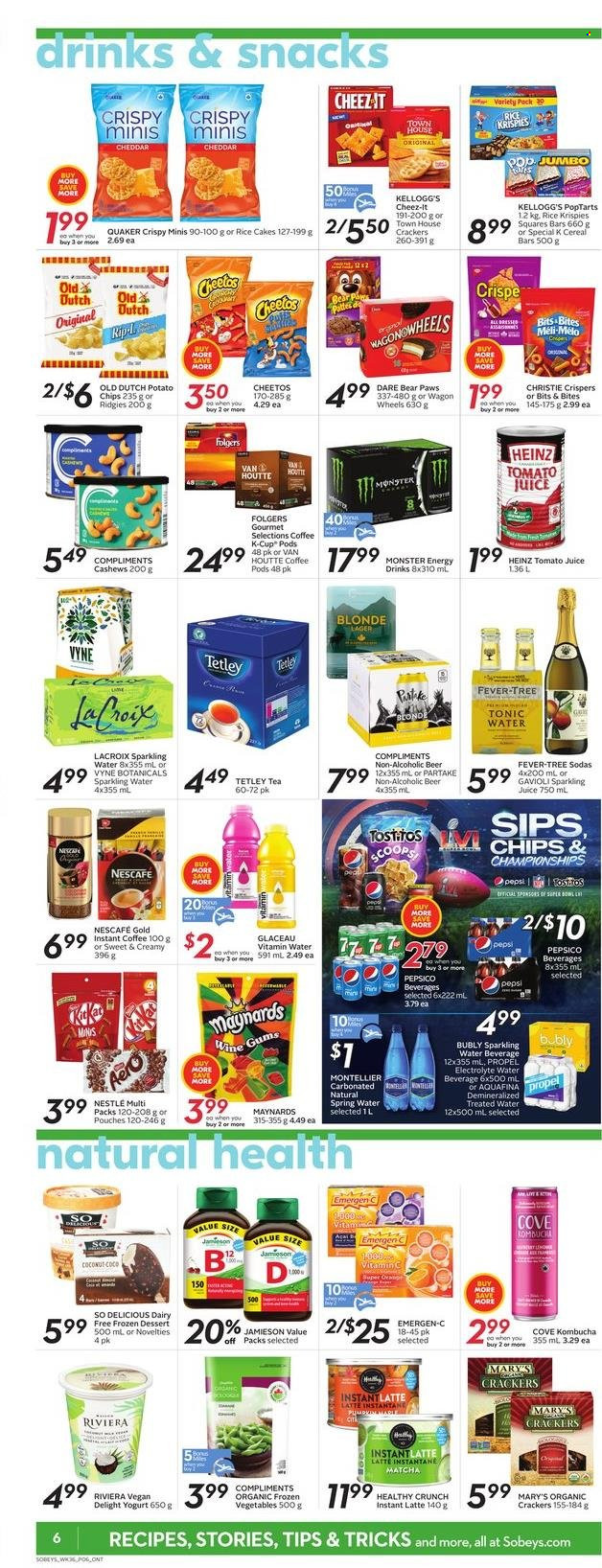 thumbnail - Sobeys Flyer - December 30, 2021 - January 05, 2022 - Sales products - Quaker, cheese, yoghurt, frozen vegetables, cereal bar, crackers, Kellogg's, potato chips, Cheetos, Cheez-It, Tostitos, Heinz, cereals, Rice Krispies, cashews, tomato juice, Pepsi, juice, energy drink, Monster, tonic, Monster Energy, sparkling juice, Aquafina, spring water, sparkling water, vitamin water, kombucha, matcha, tea, coffee pods, instant coffee, Folgers, coffee capsules, K-Cups, beer, Lager, Paws, vitamin c, Emergen-C, Nestlé, Nescafé. Page 6.