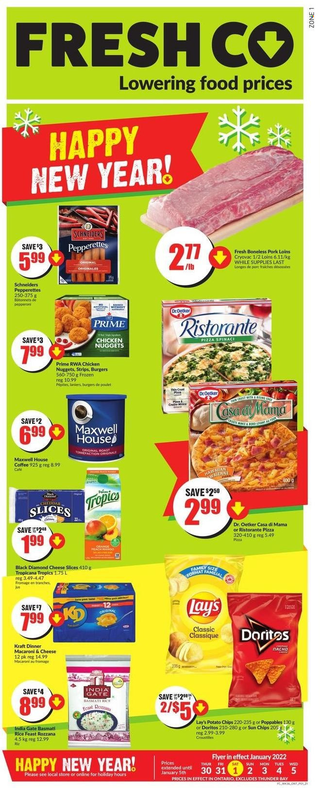 thumbnail - FreshCo. Flyer - December 30, 2021 - January 05, 2022 - Sales products - macaroni & cheese, pizza, nuggets, hamburger, chicken nuggets, Kraft®, pepperoni, sliced cheese, Dr. Oetker, strips, Doritos, potato chips, Lay’s, basmati rice, rice, Maxwell House, coffee, oranges. Page 1.
