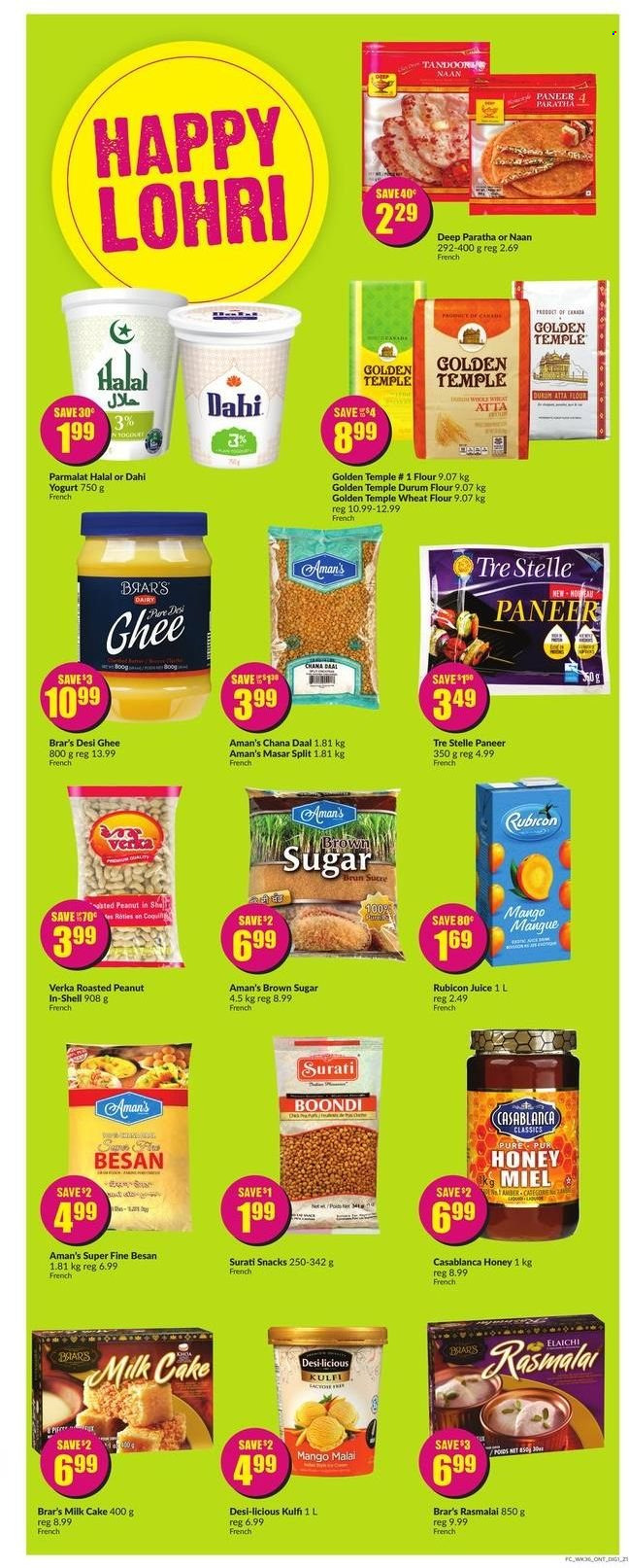 thumbnail - FreshCo. Flyer - December 30, 2021 - January 05, 2022 - Sales products - paneer, yoghurt, Parmalat, milk, ghee, snack, cane sugar, flour, gram flour, wheat flour, chana dal, honey, juice. Page 5.