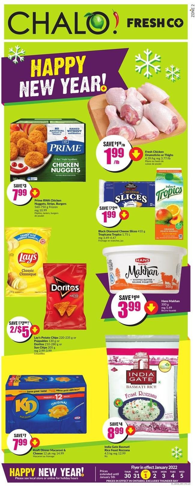 thumbnail - Chalo! FreshCo. Flyer - December 30, 2021 - January 05, 2022 - Sales products - macaroni & cheese, nuggets, hamburger, chicken nuggets, Kraft®, sliced cheese, whipped butter, Doritos, potato chips, Lay’s, basmati rice, rice, chicken drumsticks, chicken, oranges. Page 1.