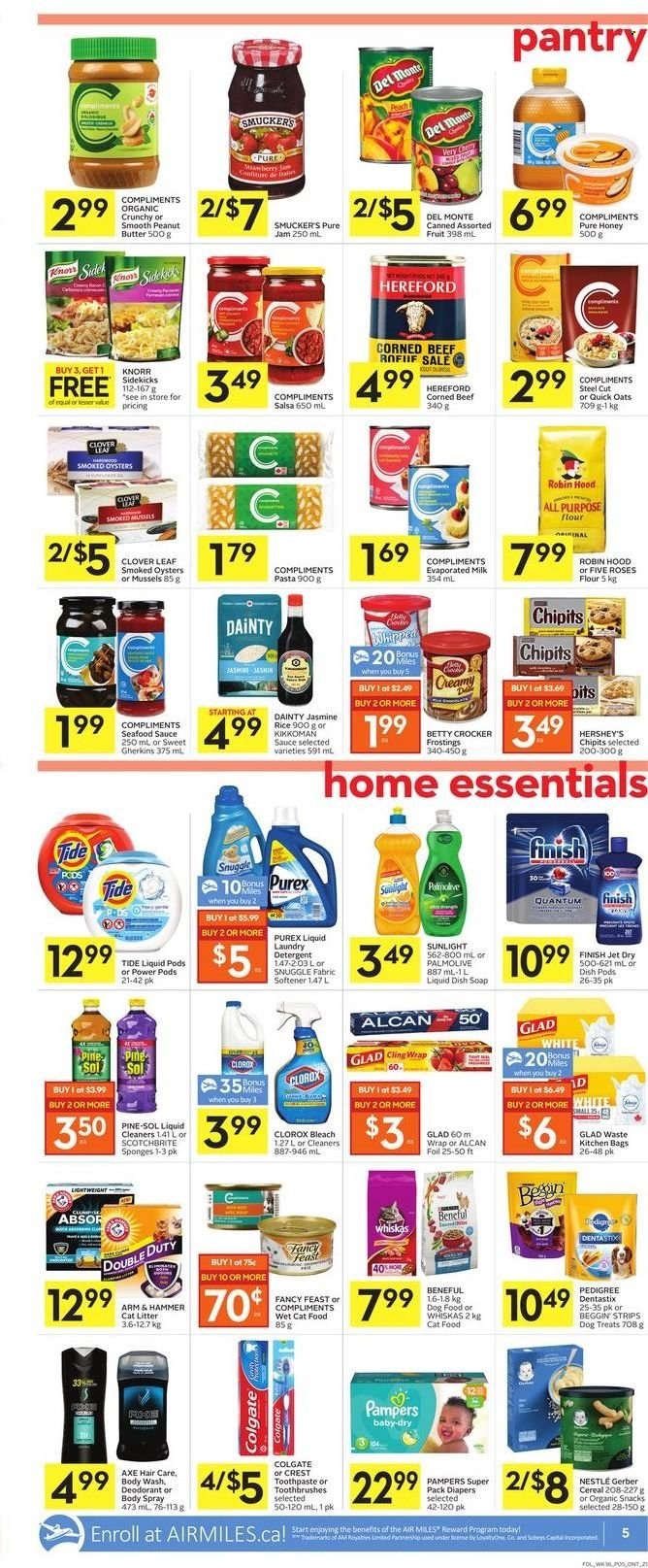 thumbnail - Foodland Flyer - December 30, 2021 - January 05, 2022 - Sales products - mussels, smoked oysters, oysters, pasta, corned beef, Clover, evaporated milk, butter, Hershey's, strips, snack, Gerber, ARM & HAMMER, flour, oats, cereals, Quick Oats, rice, jasmine rice, Kikkoman, salsa, honey, fruit jam, beef meat, Knorr, Nestlé, detergent, Colgate, Pampers, Whiskas, deodorant. Page 5.