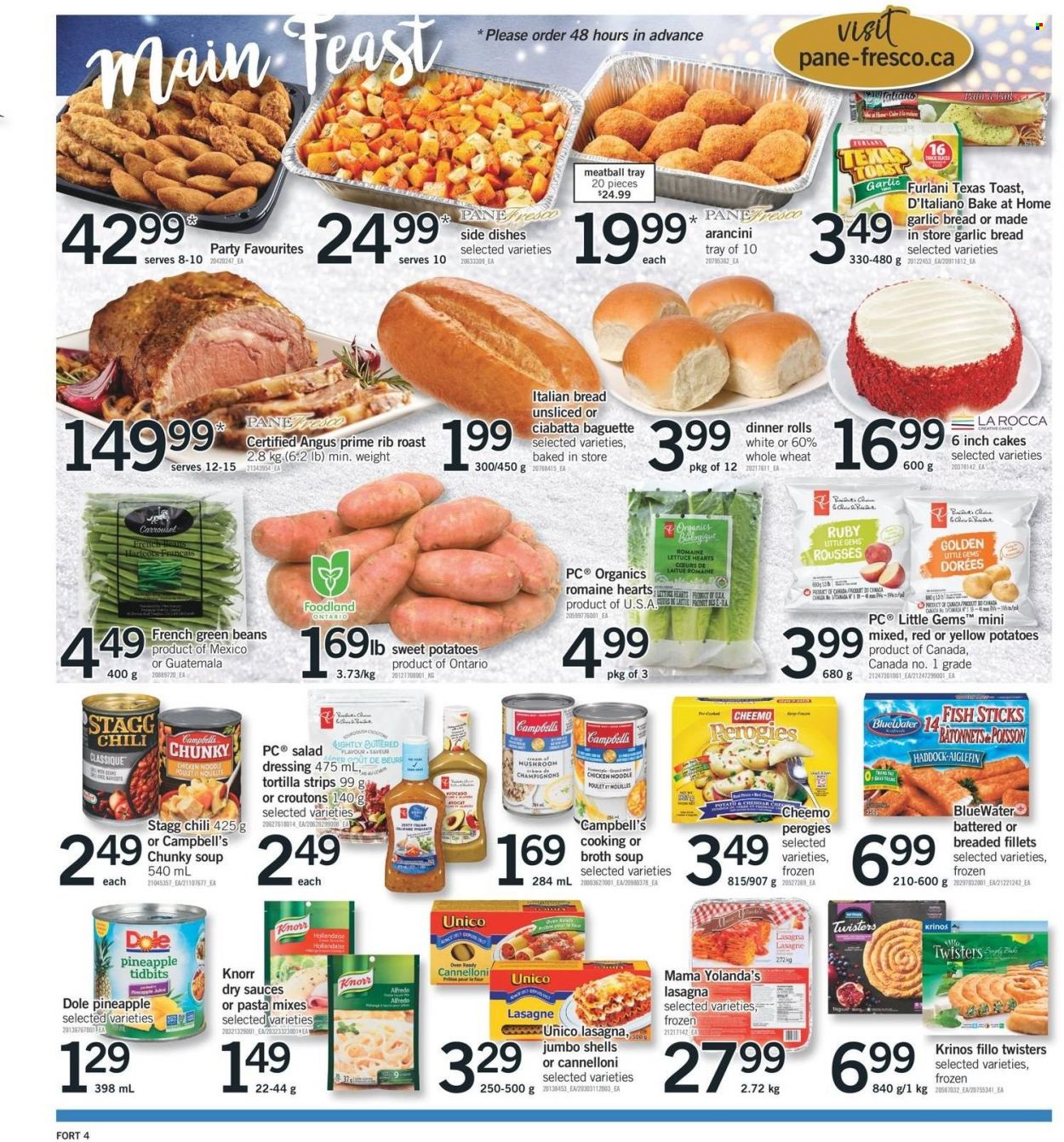 thumbnail - Fortinos Flyer - December 30, 2021 - January 05, 2022 - Sales products - bread, tortillas, cake, dinner rolls, green beans, sweet potato, potatoes, lettuce, Dole, pineapple, haddock, Campbell's, soup, noodles, lasagna meal, croutons, broth, dressing, tray, pot, oven, Knorr, baguette, ciabatta. Page 5.