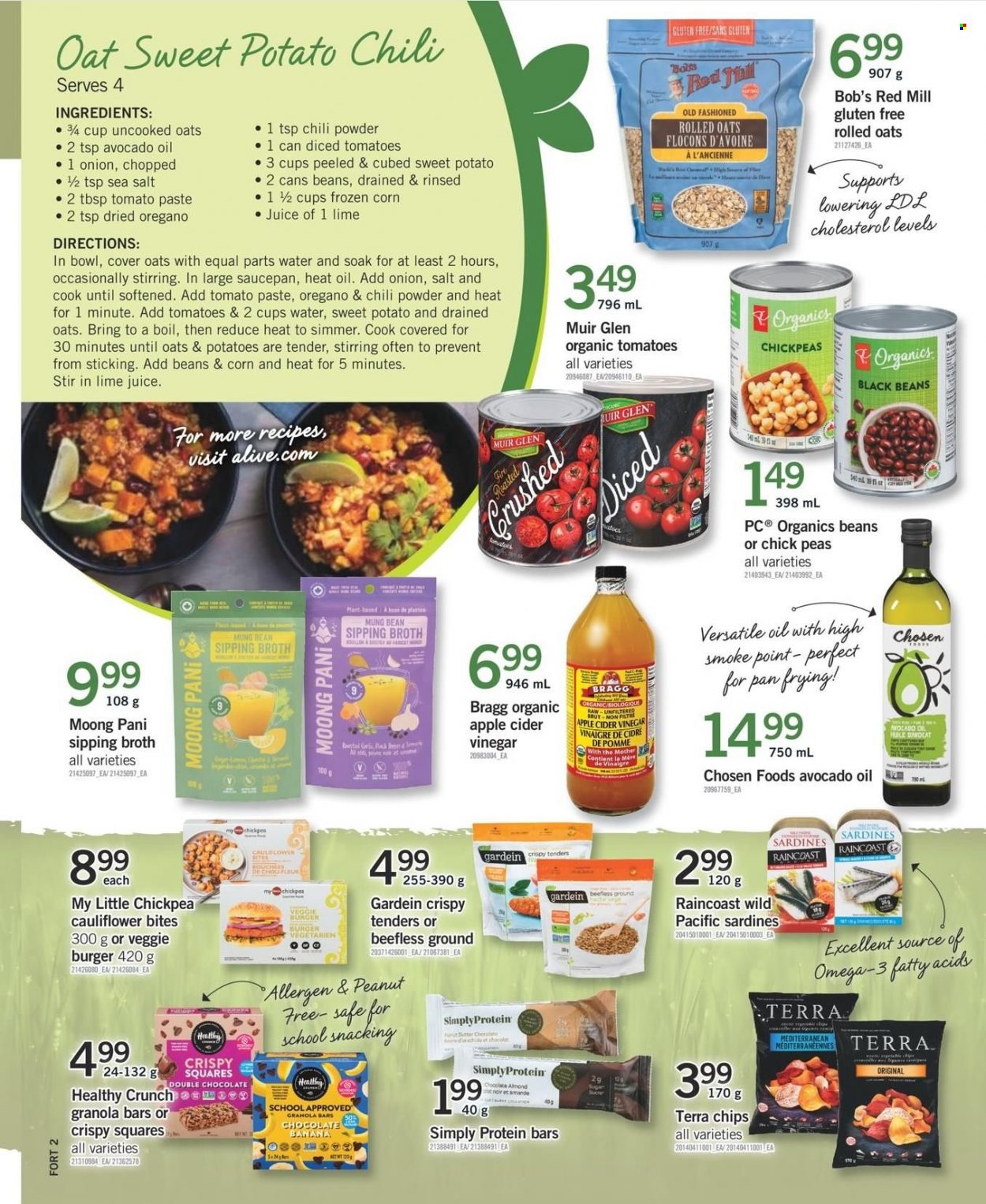thumbnail - Fortinos Flyer - December 30, 2021 - January 05, 2022 - Sales products - sweet potato, potatoes, onion, sardines, veggie burger, chocolate, broth, black beans, tomato paste, rolled oats, protein bar, granola bar, chickpeas, apple cider vinegar, avocado oil, oil, Brut, pan, saucepan, bowl, Omega-3. Page 10.
