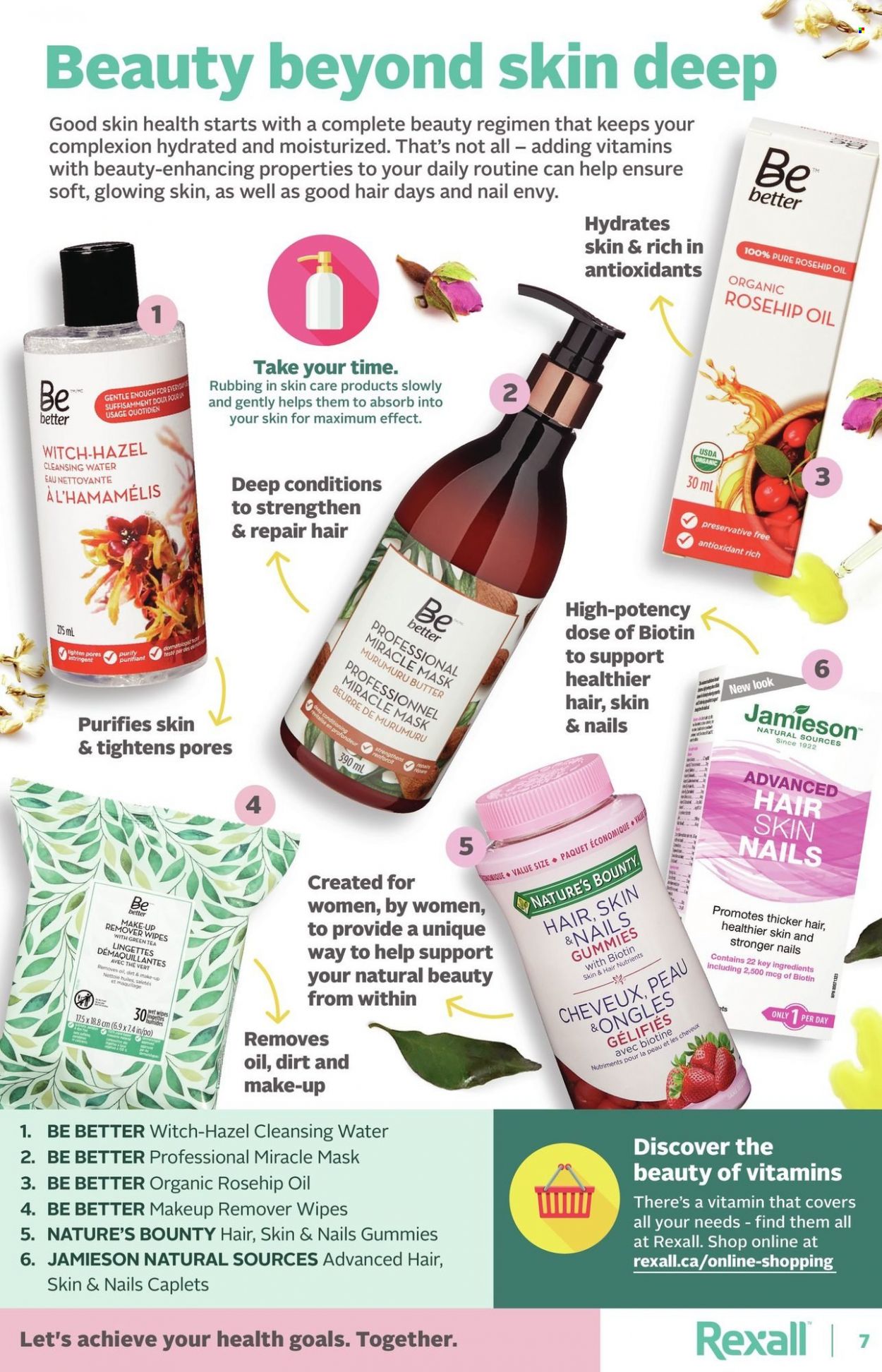 thumbnail - Rexall Flyer - Sales products - green tea, tea, wipes, rosehip oil, makeup remover, Biotin, Nature's Bounty. Page 7.