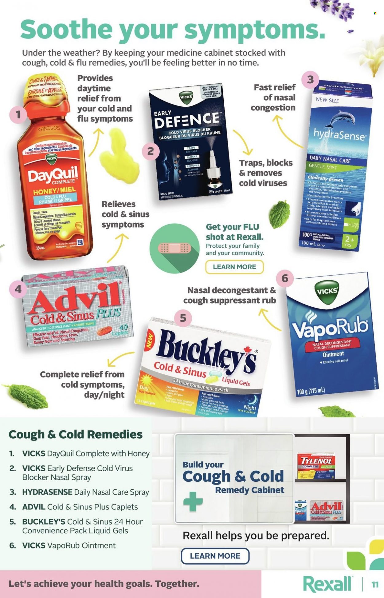 thumbnail - Rexall Flyer - Sales products - Thins, syrup, ointment, Vicks, DayQuil, Cold & Flu, Tylenol, Advil Rapid, VapoRub, nasal spray. Page 11.