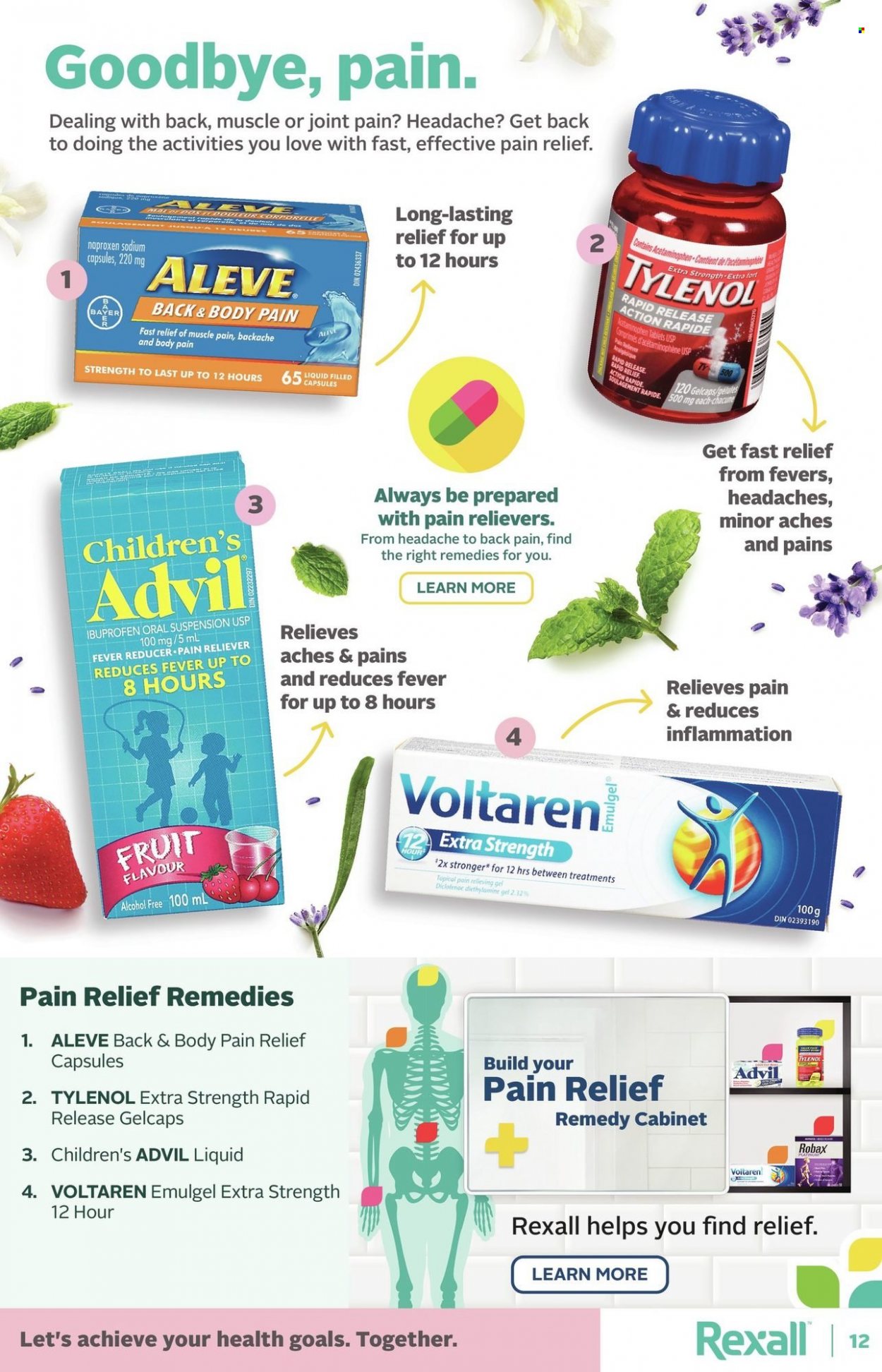 thumbnail - Rexall Flyer - Sales products - pain relief, Aleve, Tylenol, Ibuprofen, Advil Rapid, Bayer. Page 12.